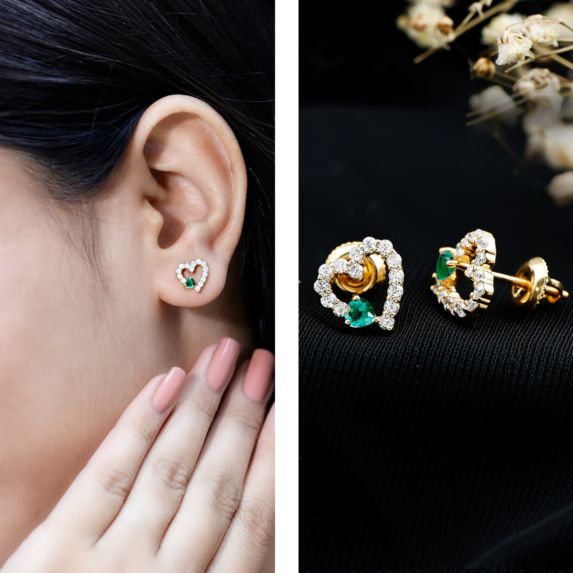 Lab Grown Emerald and Diamond Heart Stud Earrings in Yellow Gold Plated Silver AAAA 14K Yellow Gold Plated Silver - Rosec Jewels