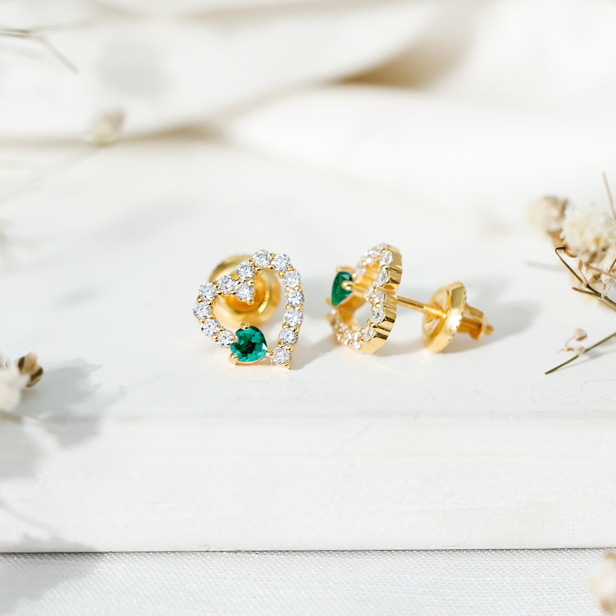 Lab Grown Emerald and Diamond Heart Stud Earrings in Yellow Gold Plated Silver AAAA 14K Yellow Gold Plated Silver - Rosec Jewels
