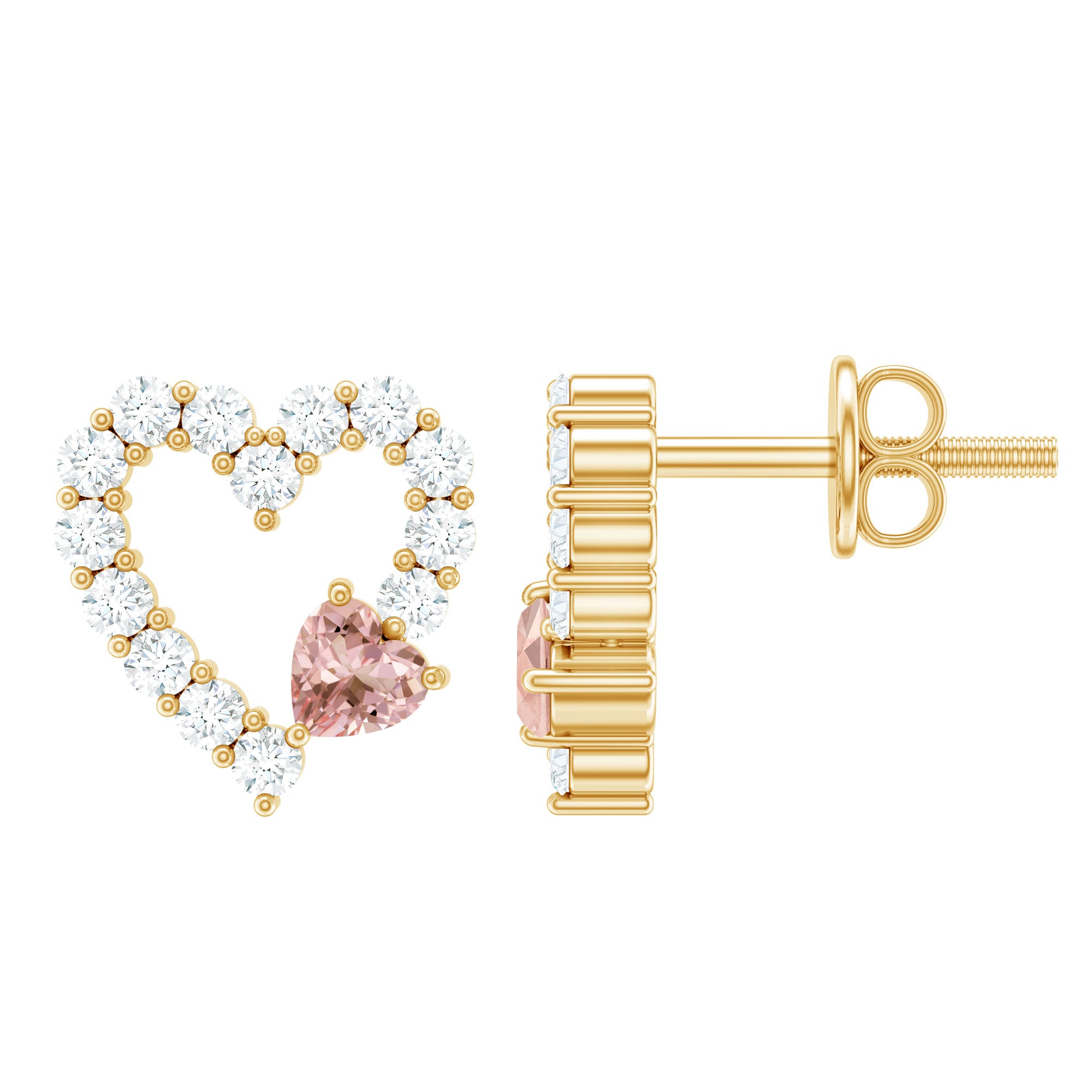 Certified Morganite and Diamond Heart Stud Earrings with Screwbacks AAA 14K Yellow Gold Plated Silver - Rosec Jewels
