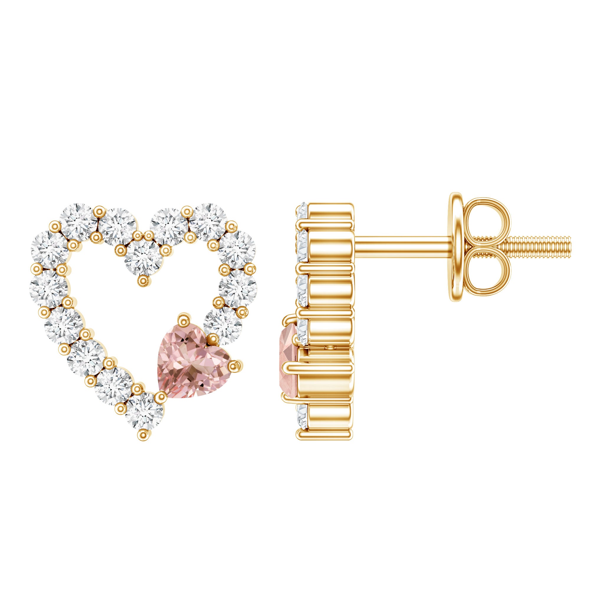 Certified Morganite and Diamond Heart Stud Earrings with Screwbacks AAA 14K Yellow Gold Plated Silver - Rosec Jewels