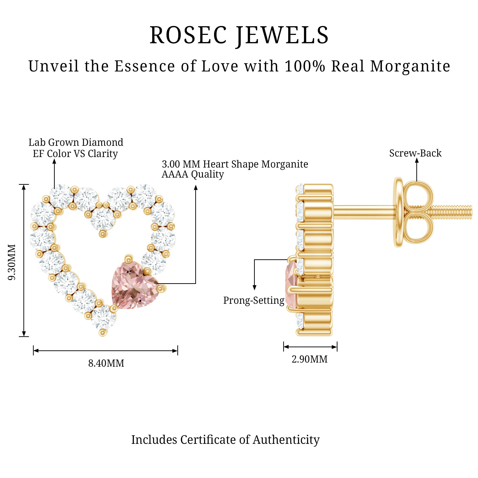 Certified Morganite and Diamond Heart Stud Earrings with Screwbacks AAA 14K Yellow Gold Plated Silver - Rosec Jewels