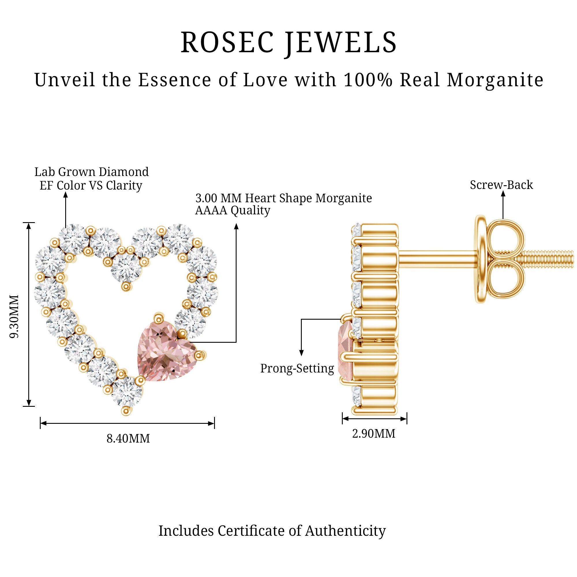 Certified Morganite and Diamond Heart Stud Earrings with Screwbacks AAA 14K Yellow Gold Plated Silver - Rosec Jewels