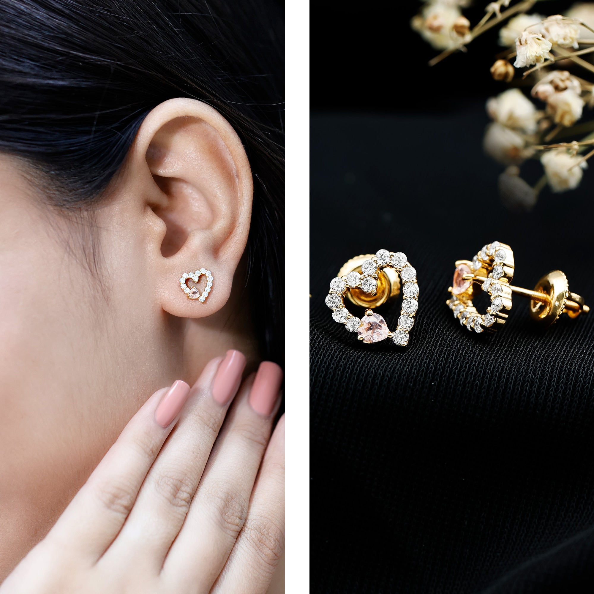 Certified Morganite and Diamond Heart Stud Earrings with Screwbacks AAA 14K Yellow Gold Plated Silver - Rosec Jewels