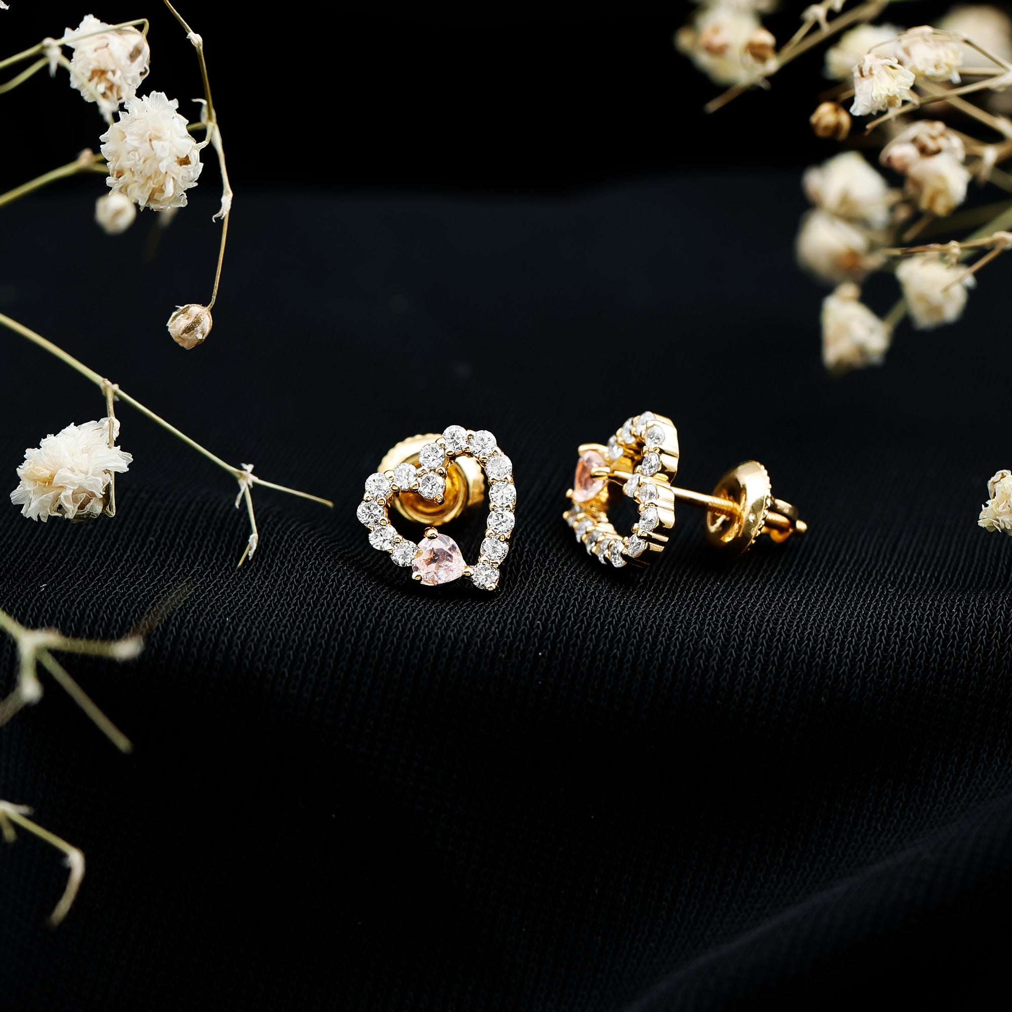 Certified Morganite and Diamond Heart Stud Earrings with Screwbacks AAA 14K Yellow Gold Plated Silver - Rosec Jewels