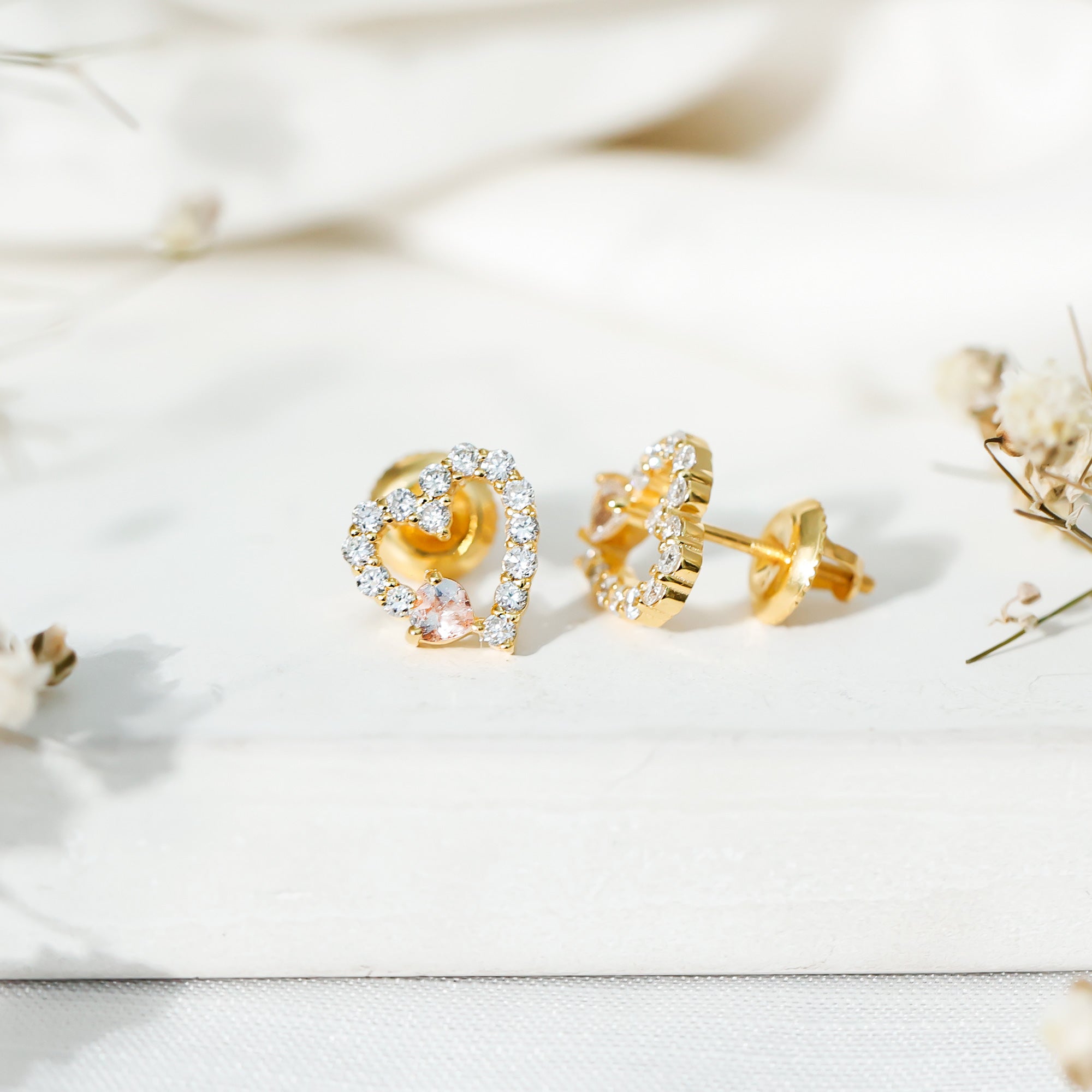 Certified Morganite and Diamond Heart Stud Earrings with Screwbacks AAA 14K Yellow Gold Plated Silver - Rosec Jewels