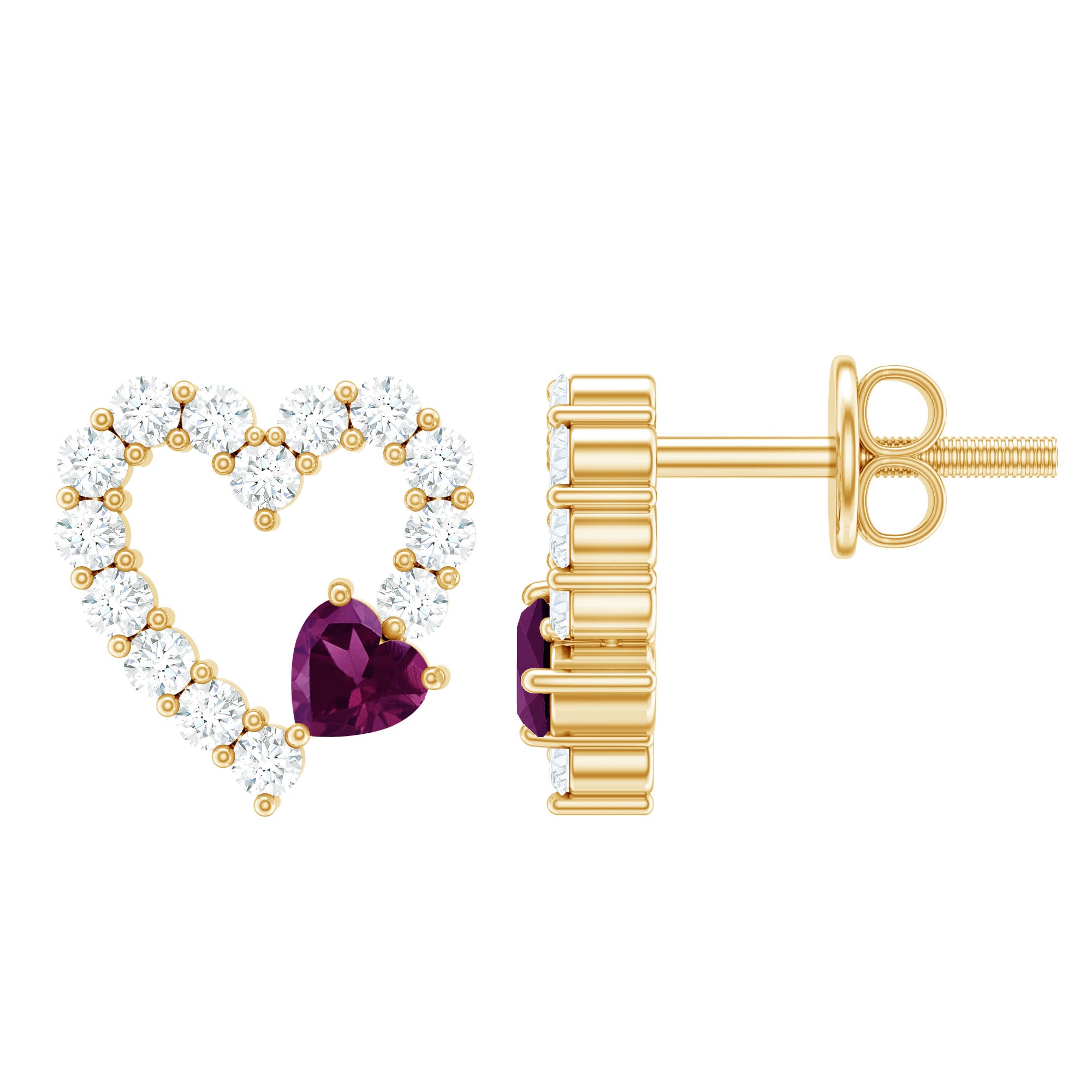 Sterling Silver Rhodolite Diamond Heart Stud Earrings AAA 14K Yellow Gold Plated Silver - Rosec Jewels