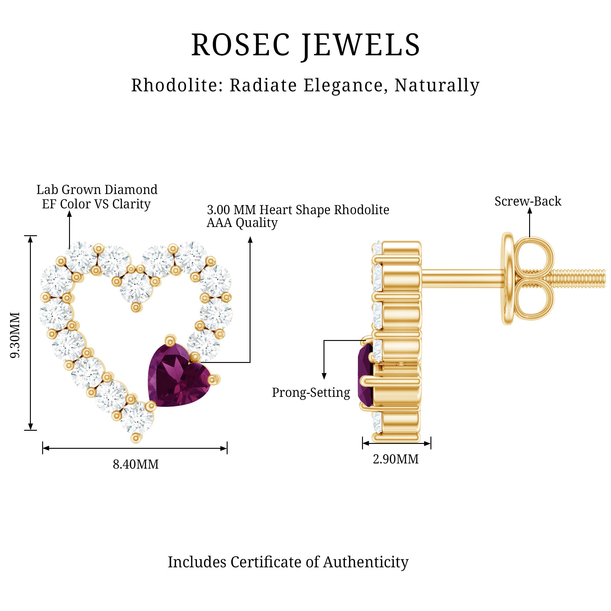 Sterling Silver Rhodolite Diamond Heart Stud Earrings AAA 14K Yellow Gold Plated Silver - Rosec Jewels