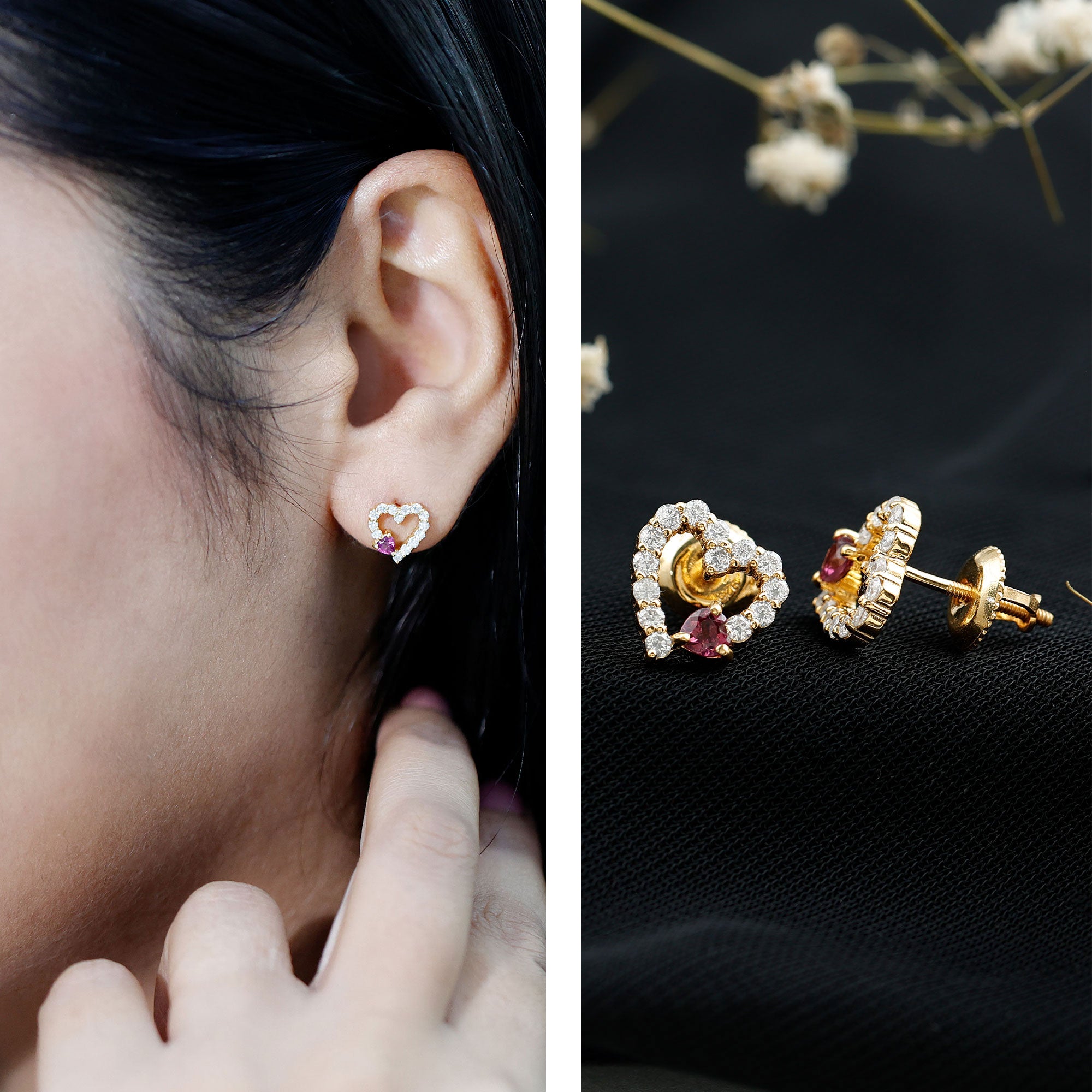 Sterling Silver Rhodolite Diamond Heart Stud Earrings AAA 14K Yellow Gold Plated Silver - Rosec Jewels