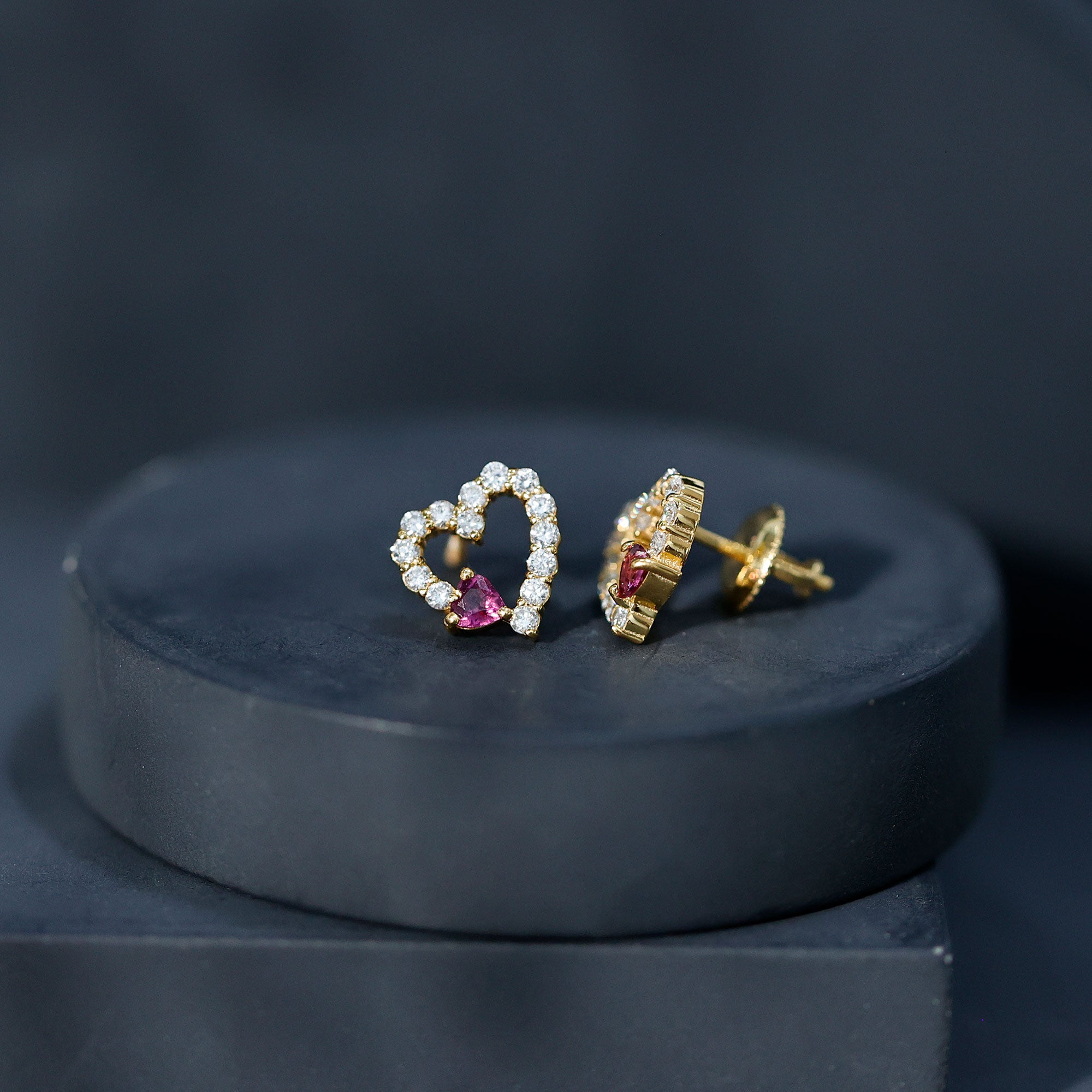 Sterling Silver Rhodolite Diamond Heart Stud Earrings AAA 14K Yellow Gold Plated Silver - Rosec Jewels