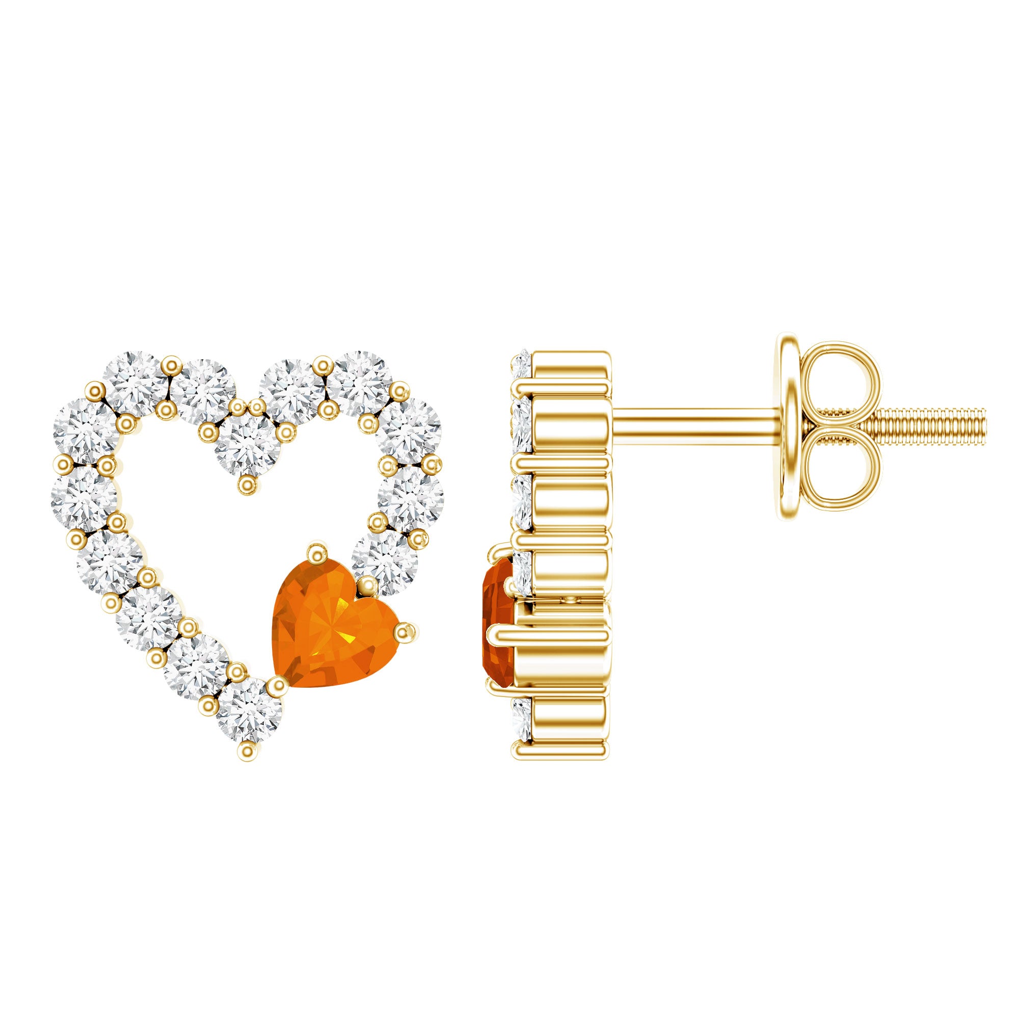 Certified Fire Opal and Diamond Heart Stud Earrings in Silver AAA 14K Yellow Gold Plated Silver - Rosec Jewels