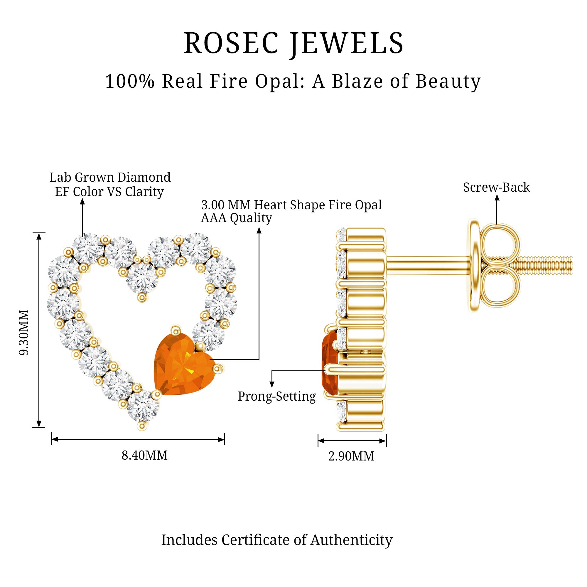Certified Fire Opal and Diamond Heart Stud Earrings in Silver AAA 14K Yellow Gold Plated Silver - Rosec Jewels