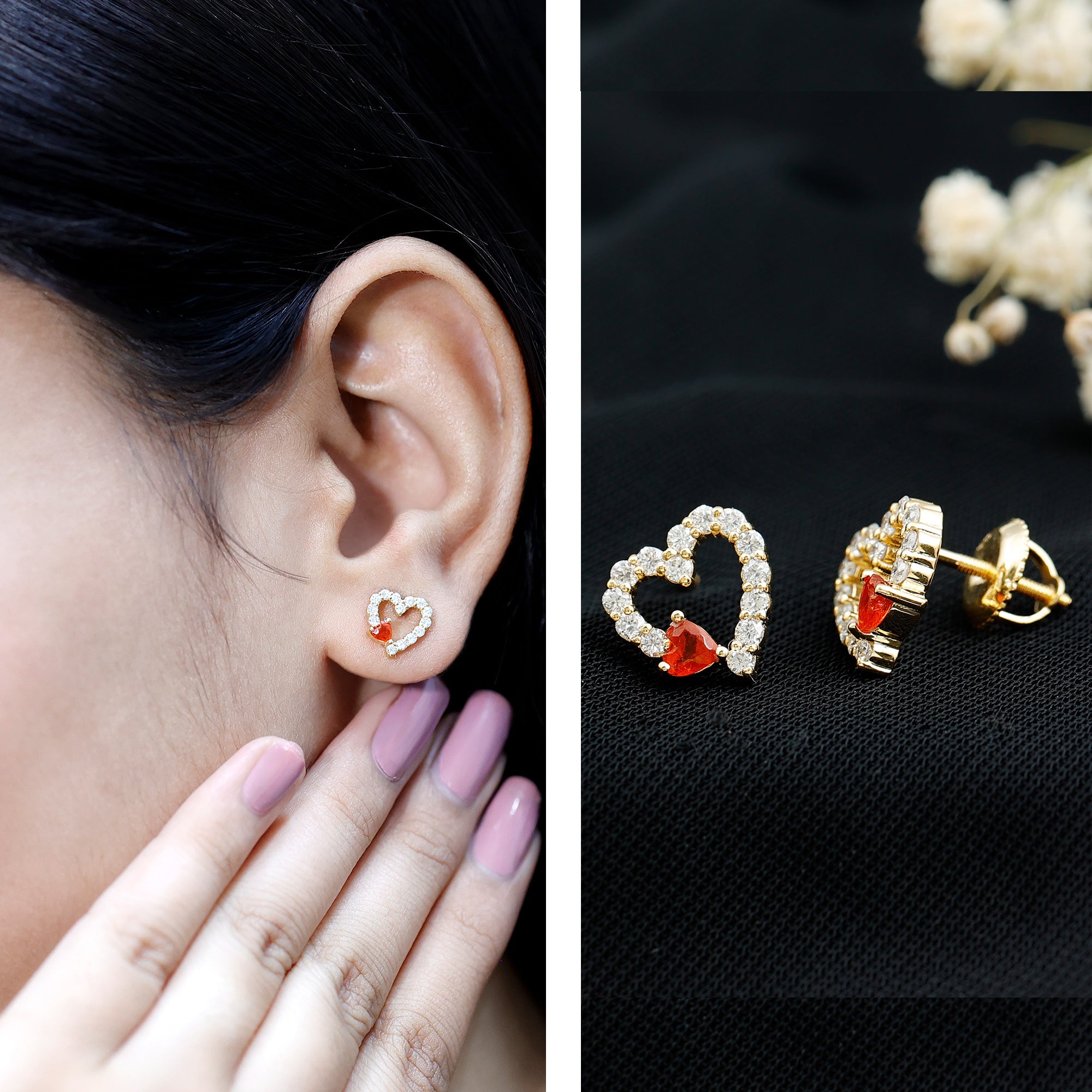 Certified Fire Opal and Diamond Heart Stud Earrings in Silver AAA 14K Yellow Gold Plated Silver - Rosec Jewels