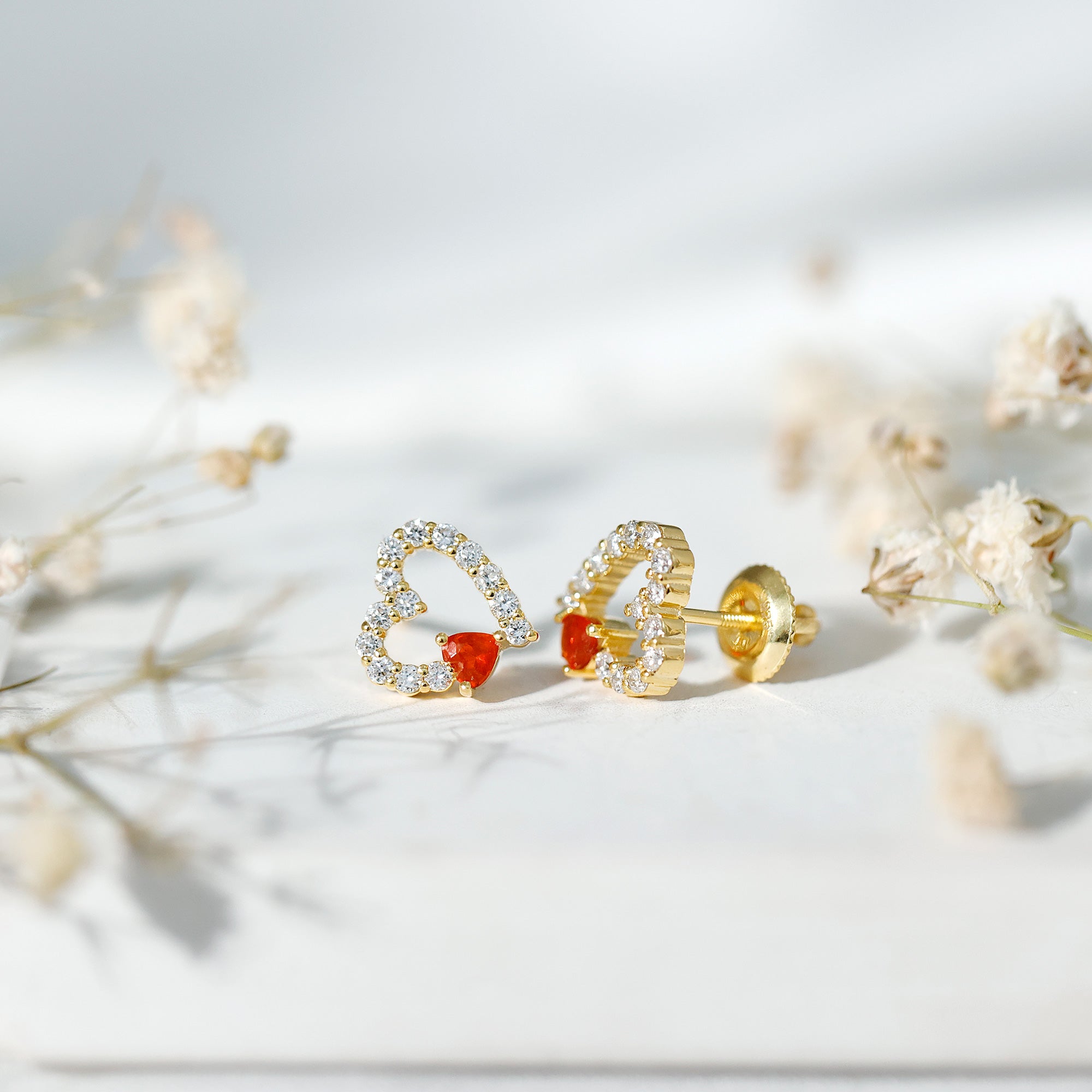 Certified Fire Opal and Diamond Heart Stud Earrings in Silver AAA 14K Yellow Gold Plated Silver - Rosec Jewels