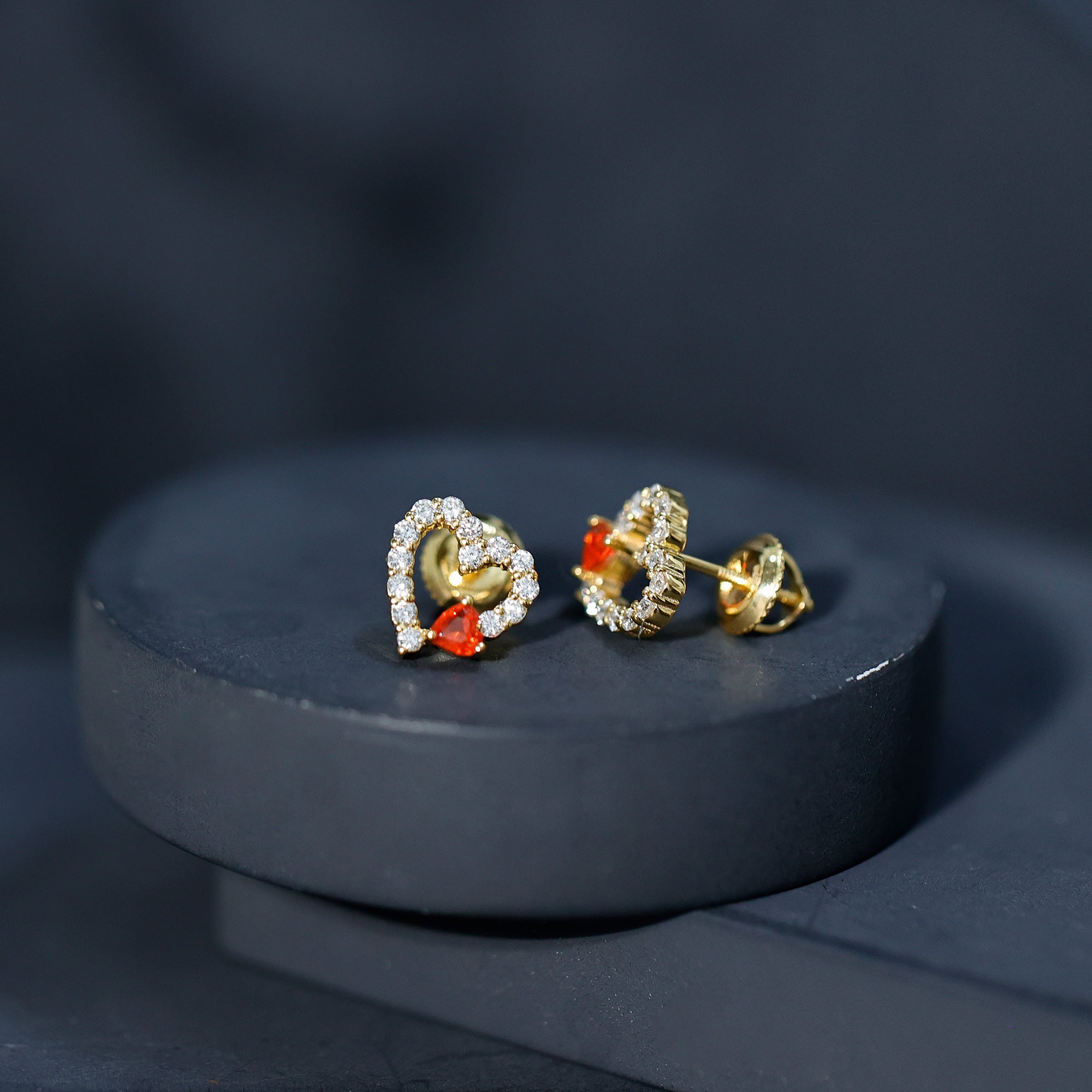 Certified Fire Opal and Diamond Heart Stud Earrings in Silver AAA 14K Yellow Gold Plated Silver - Rosec Jewels