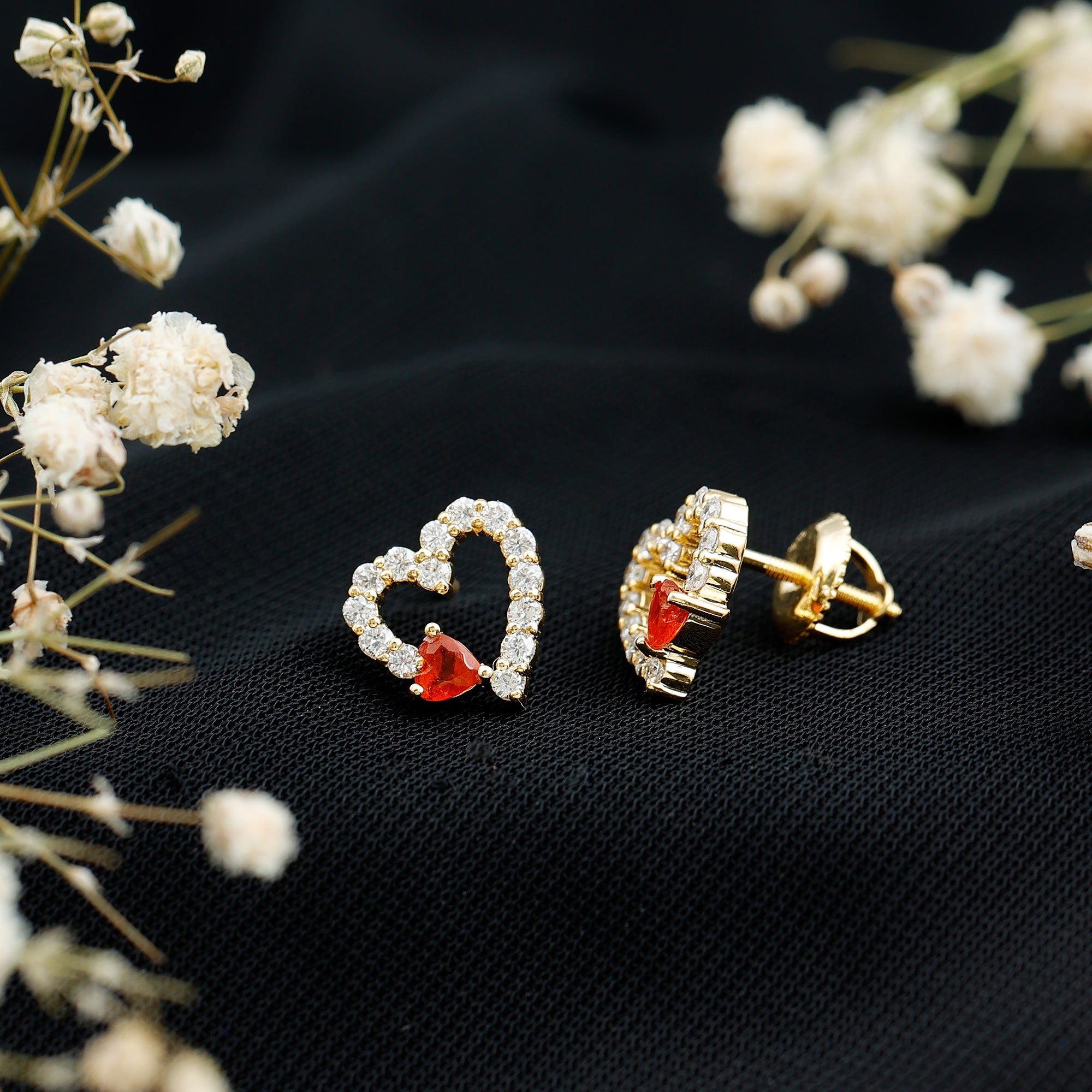 Certified Fire Opal and Diamond Heart Stud Earrings in Silver AAA 14K Yellow Gold Plated Silver - Rosec Jewels