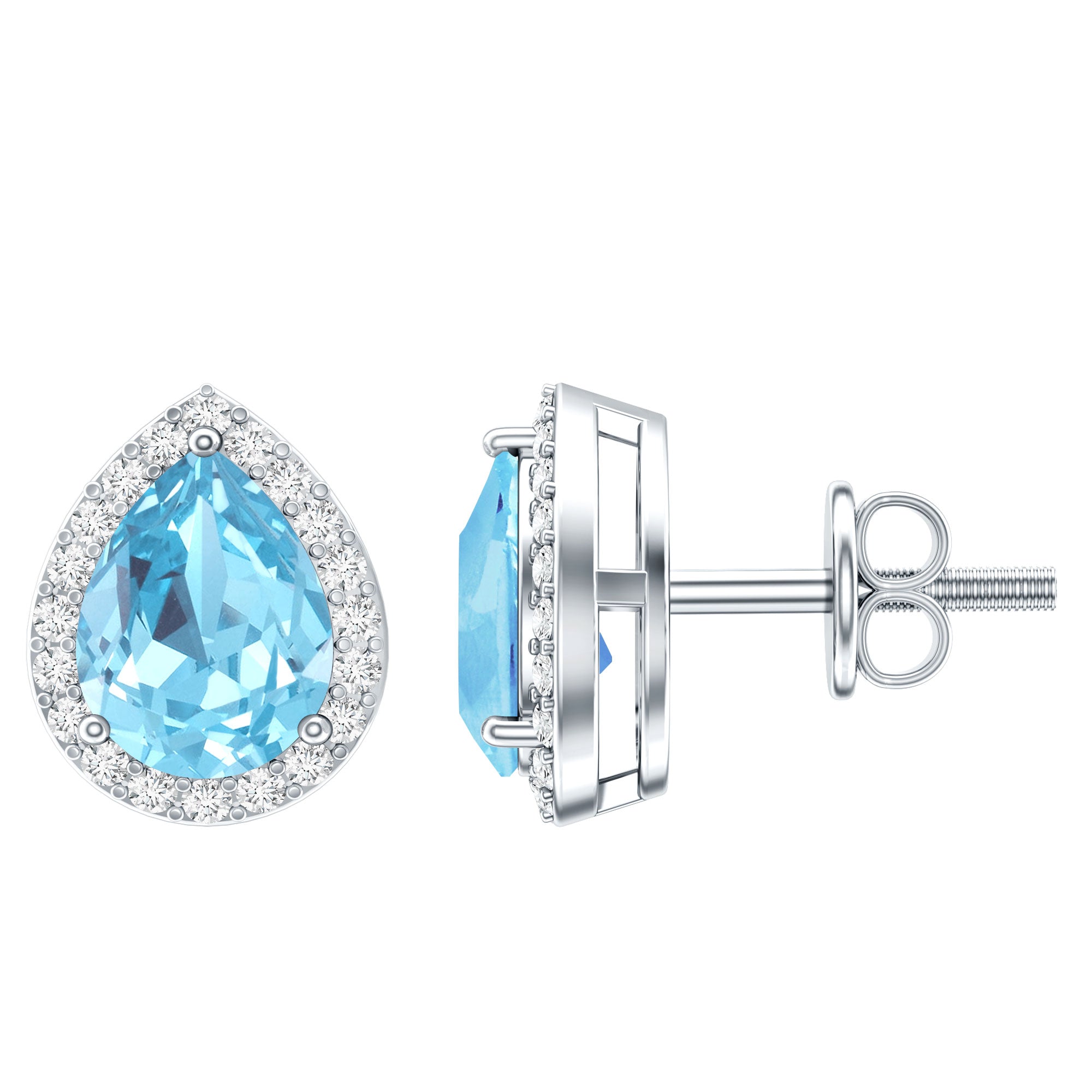 Real 0.89 Carat Aquamarine and Diamond Stud Earrings in Silver AAA 92.5 Sterling Silver - Rosec Jewels