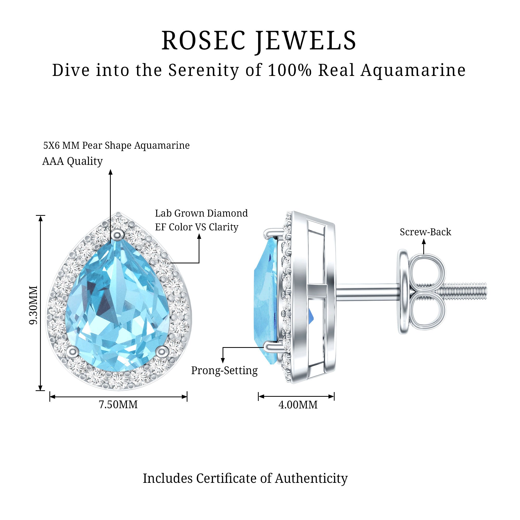 Real 0.89 Carat Aquamarine and Diamond Stud Earrings in Silver AAA 92.5 Sterling Silver - Rosec Jewels