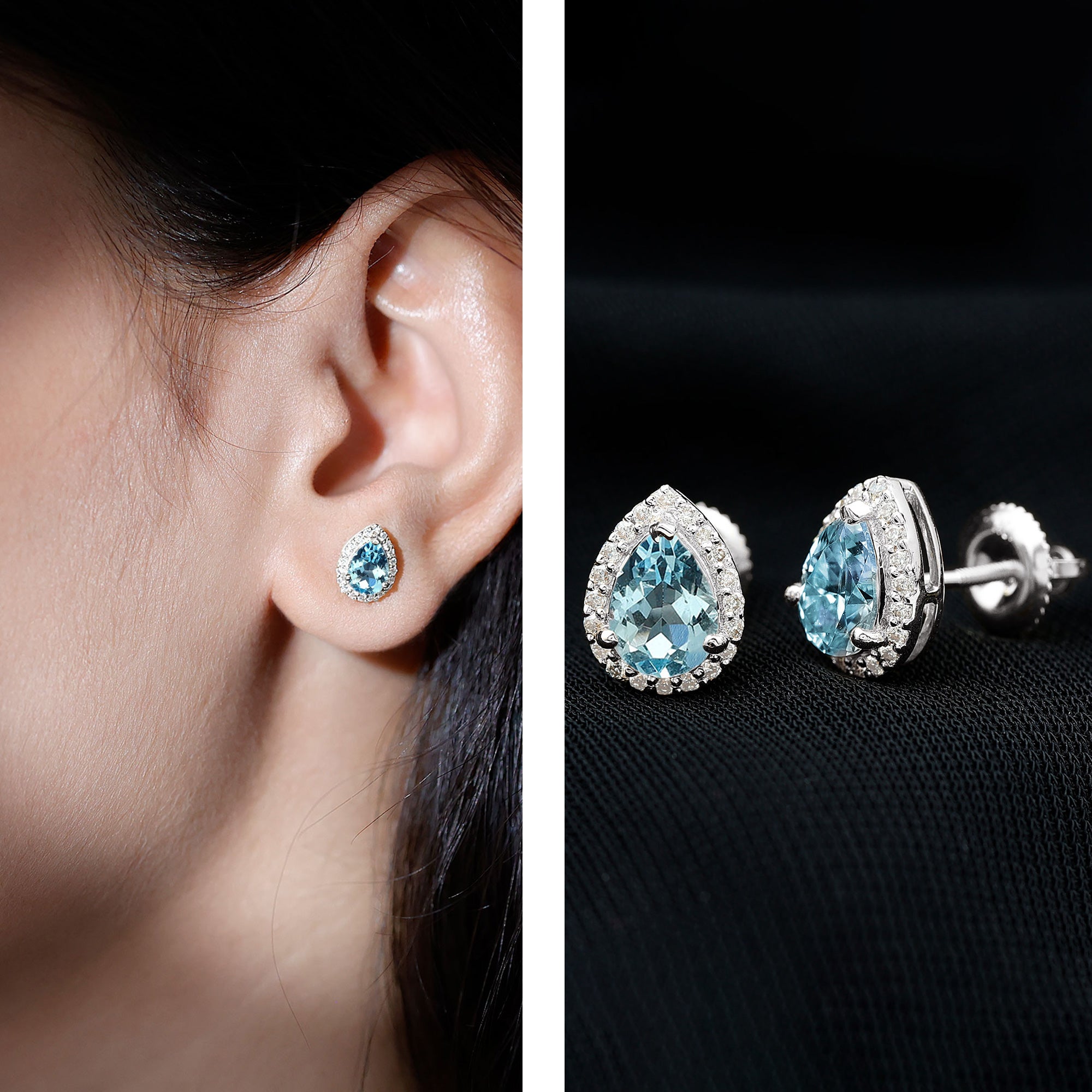 Real 0.89 Carat Aquamarine and Diamond Stud Earrings in Silver AAA 92.5 Sterling Silver - Rosec Jewels