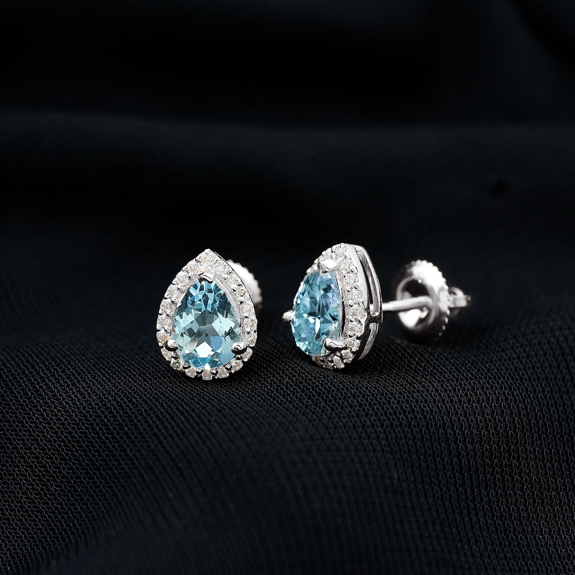 Real 0.89 Carat Aquamarine and Diamond Stud Earrings in Silver AAA 92.5 Sterling Silver - Rosec Jewels