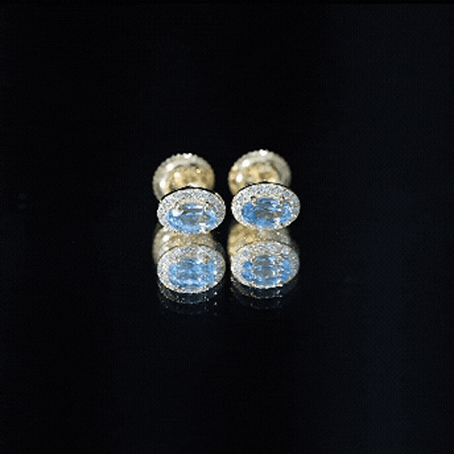 Natural Swiss Blue Topaz Stud Earrings with Diamond Halo AAA 14K Yellow Gold Plated Silver - Rosec Jewels