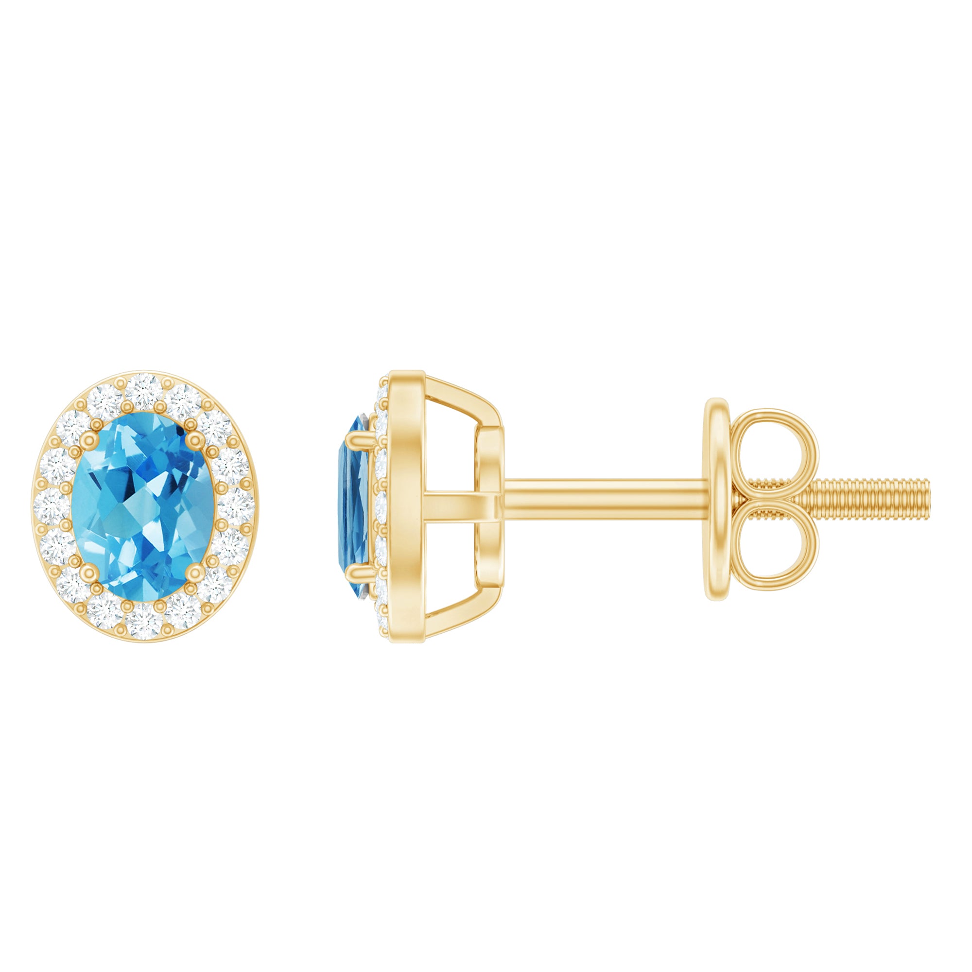 Natural Swiss Blue Topaz Stud Earrings with Diamond Halo AAA 14K Yellow Gold Plated Silver - Rosec Jewels