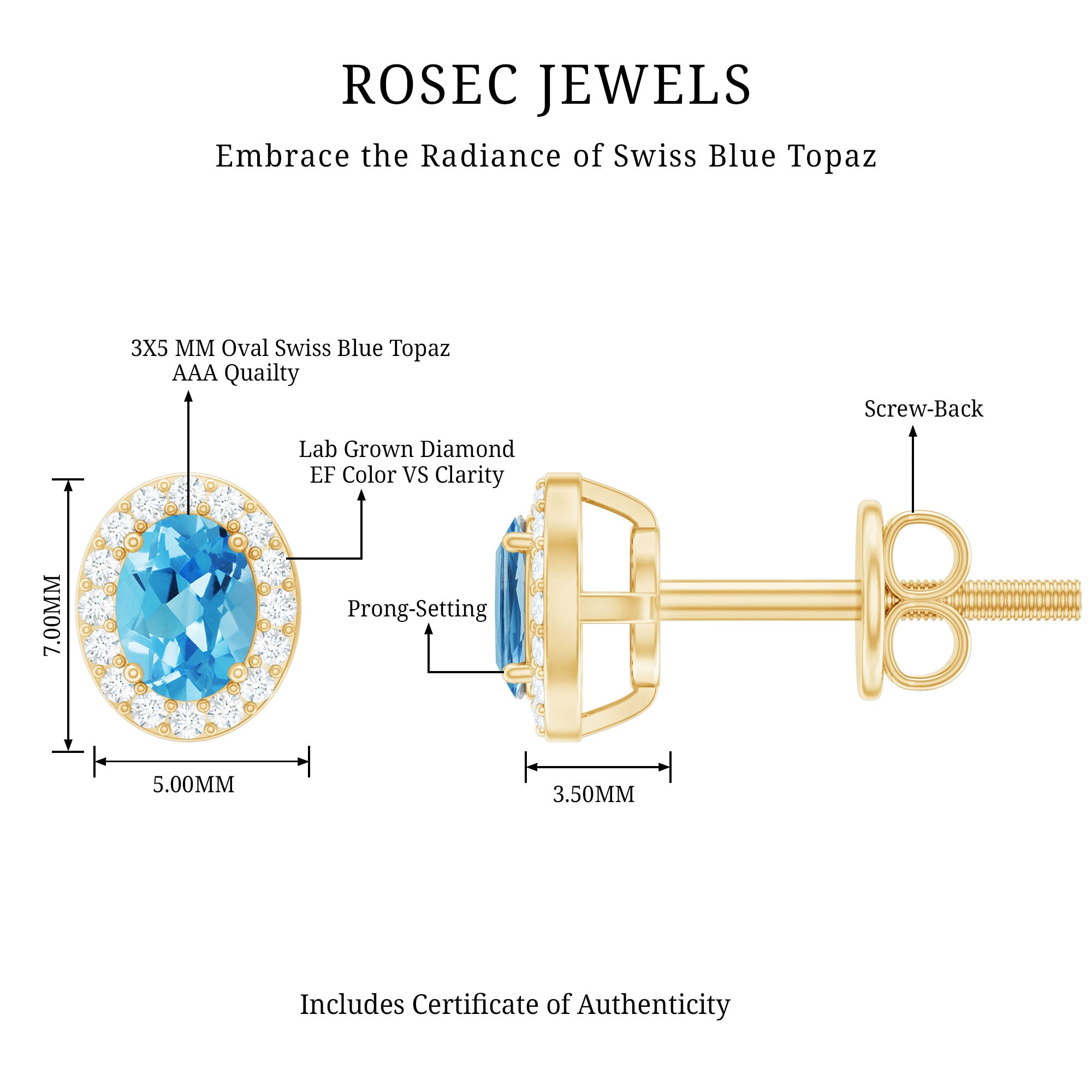 Natural Swiss Blue Topaz Stud Earrings with Diamond Halo AAA 14K Yellow Gold Plated Silver - Rosec Jewels