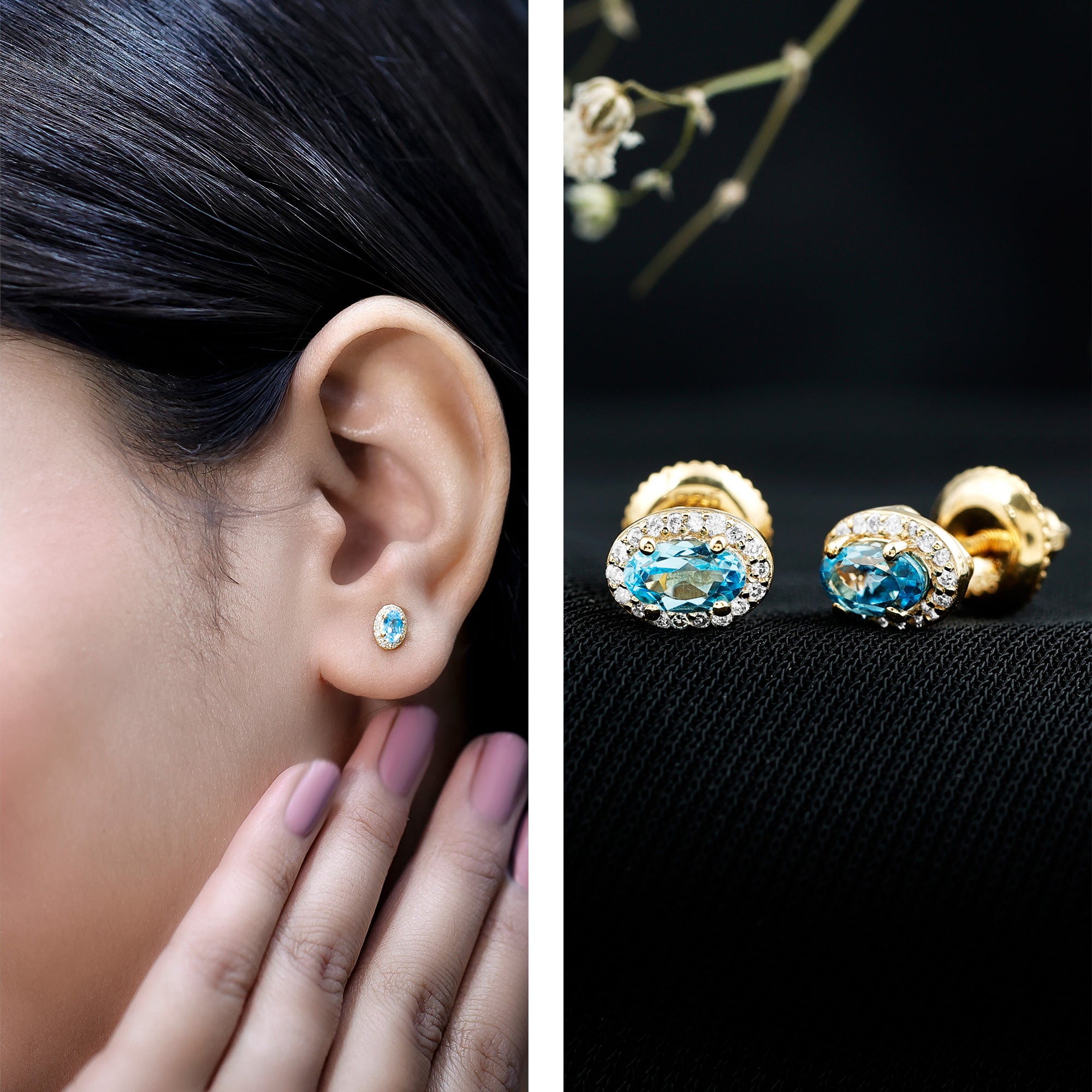 Natural Swiss Blue Topaz Stud Earrings with Diamond Halo AAA 14K Yellow Gold Plated Silver - Rosec Jewels