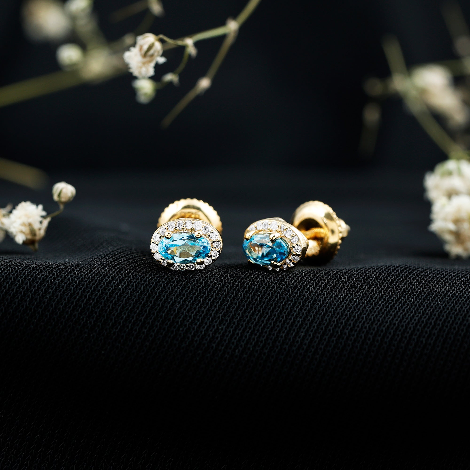 Natural Swiss Blue Topaz Stud Earrings with Diamond Halo AAA 14K Yellow Gold Plated Silver - Rosec Jewels