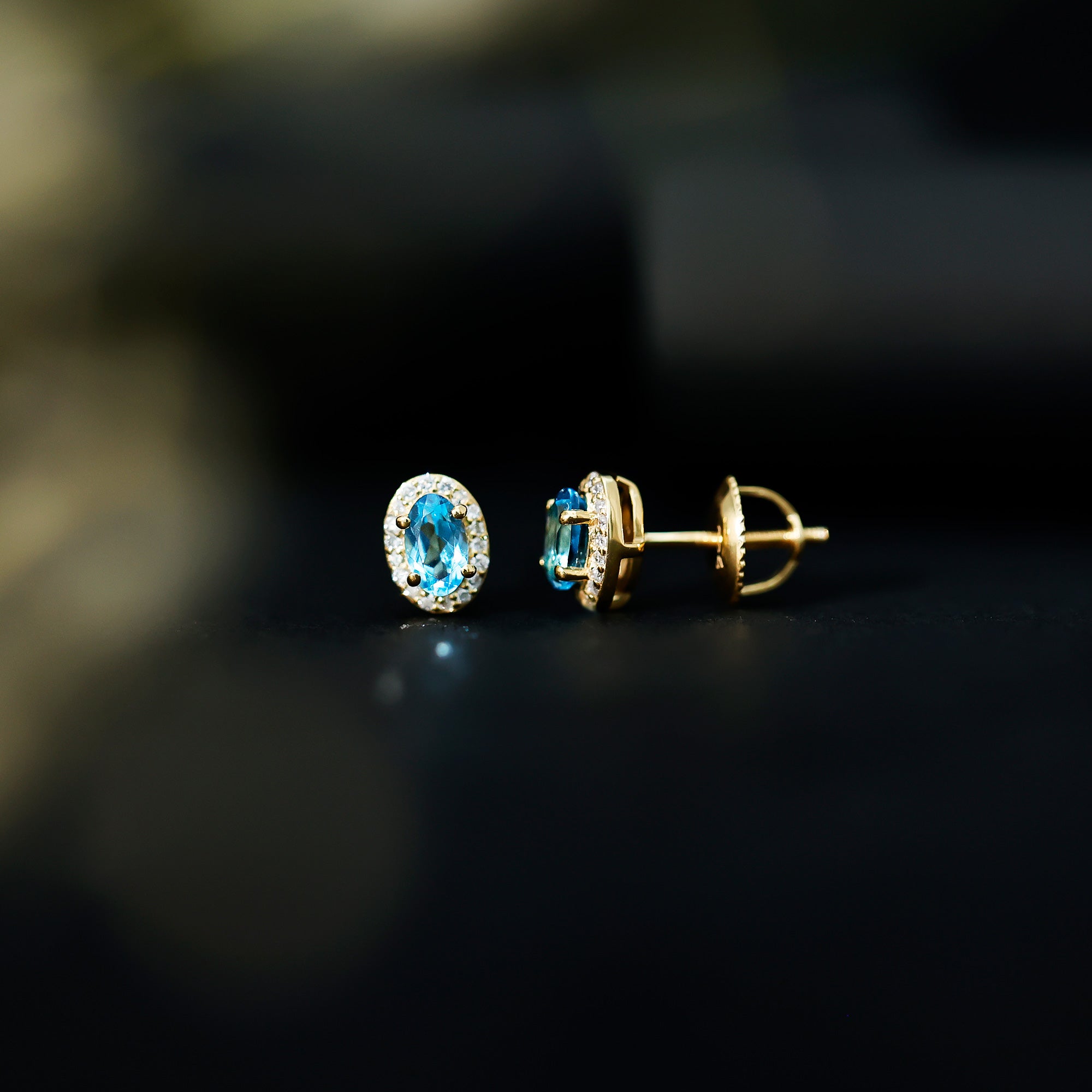Natural Swiss Blue Topaz Stud Earrings with Diamond Halo AAA 14K Yellow Gold Plated Silver - Rosec Jewels