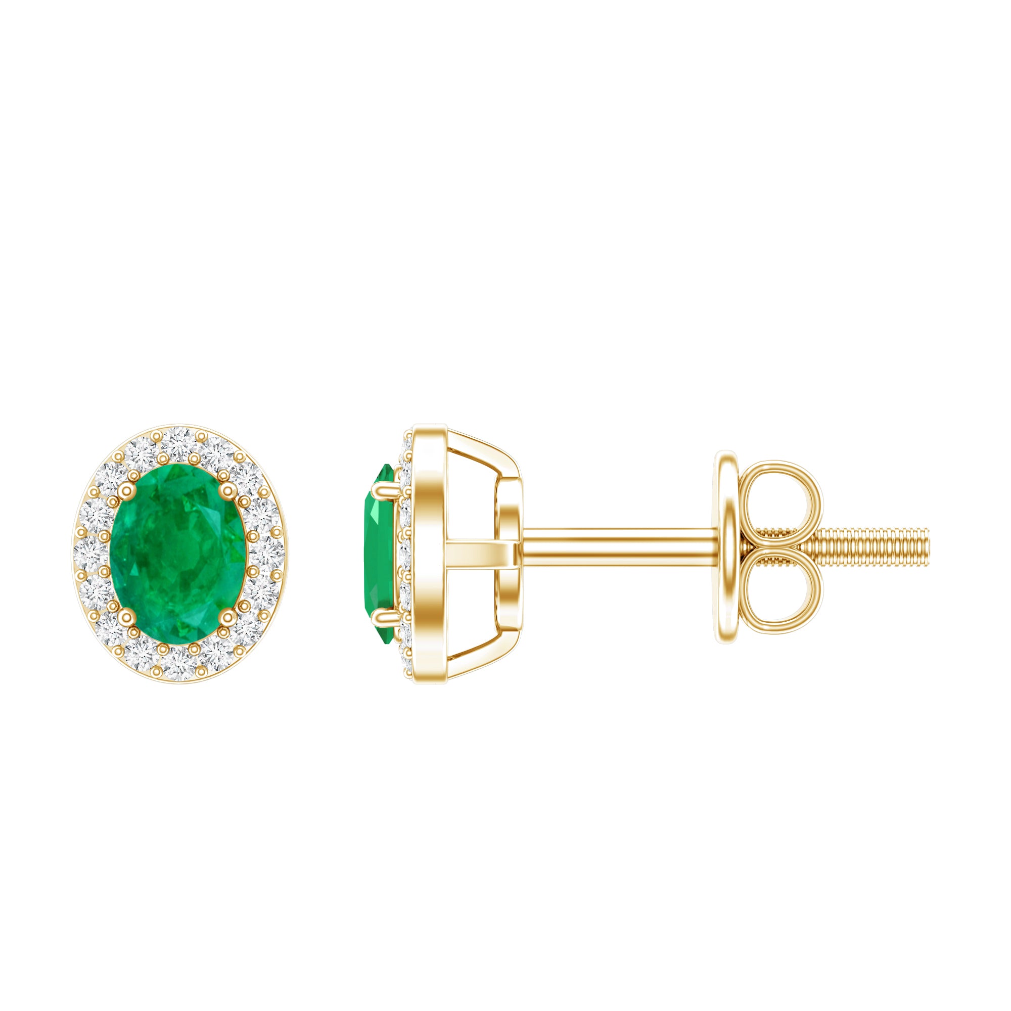 Genuine Emerald Stud Earrings with Diamond Halo AAA 14K Yellow Gold Plated Silver - Rosec Jewels