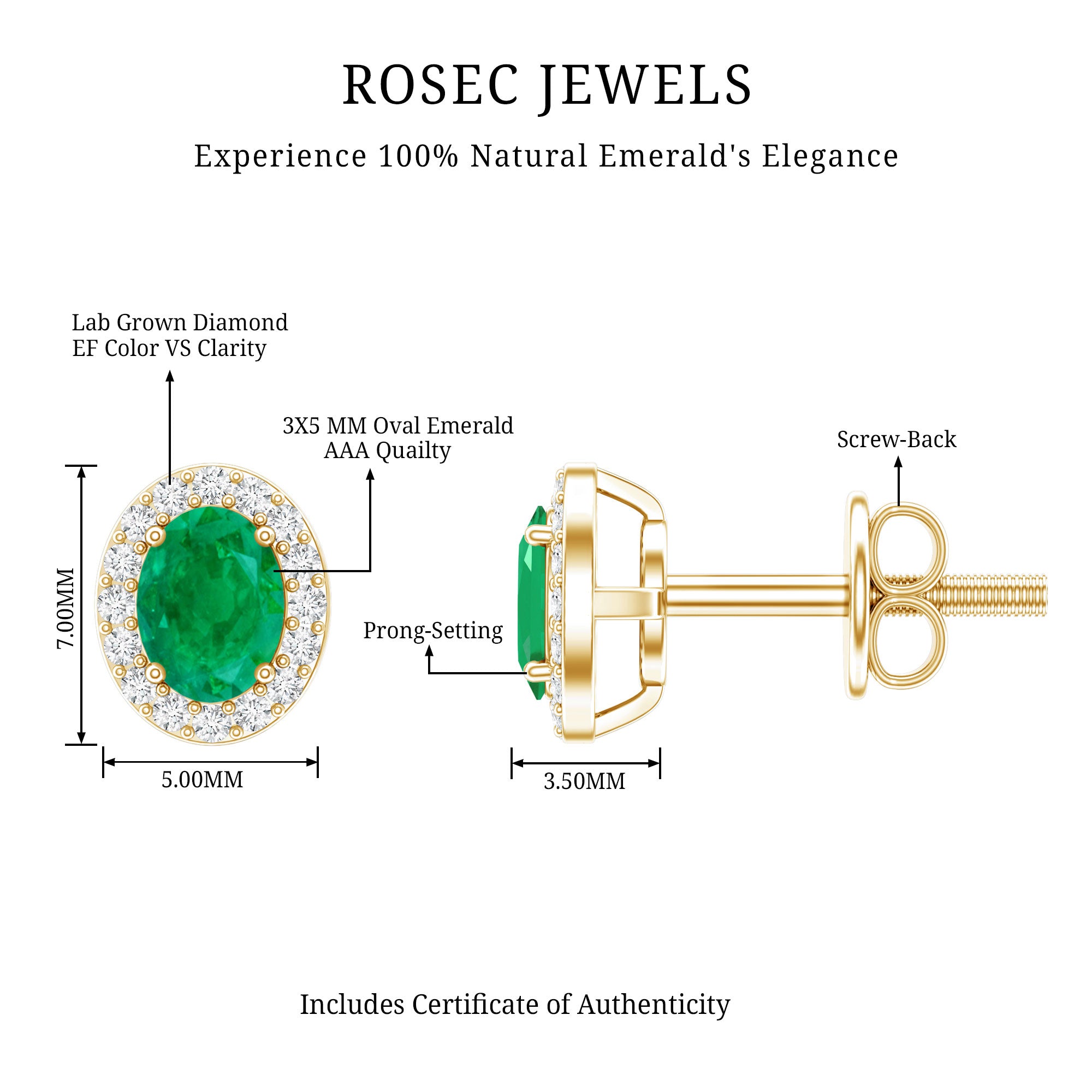 Genuine Emerald Stud Earrings with Diamond Halo AAA 14K Yellow Gold Plated Silver - Rosec Jewels