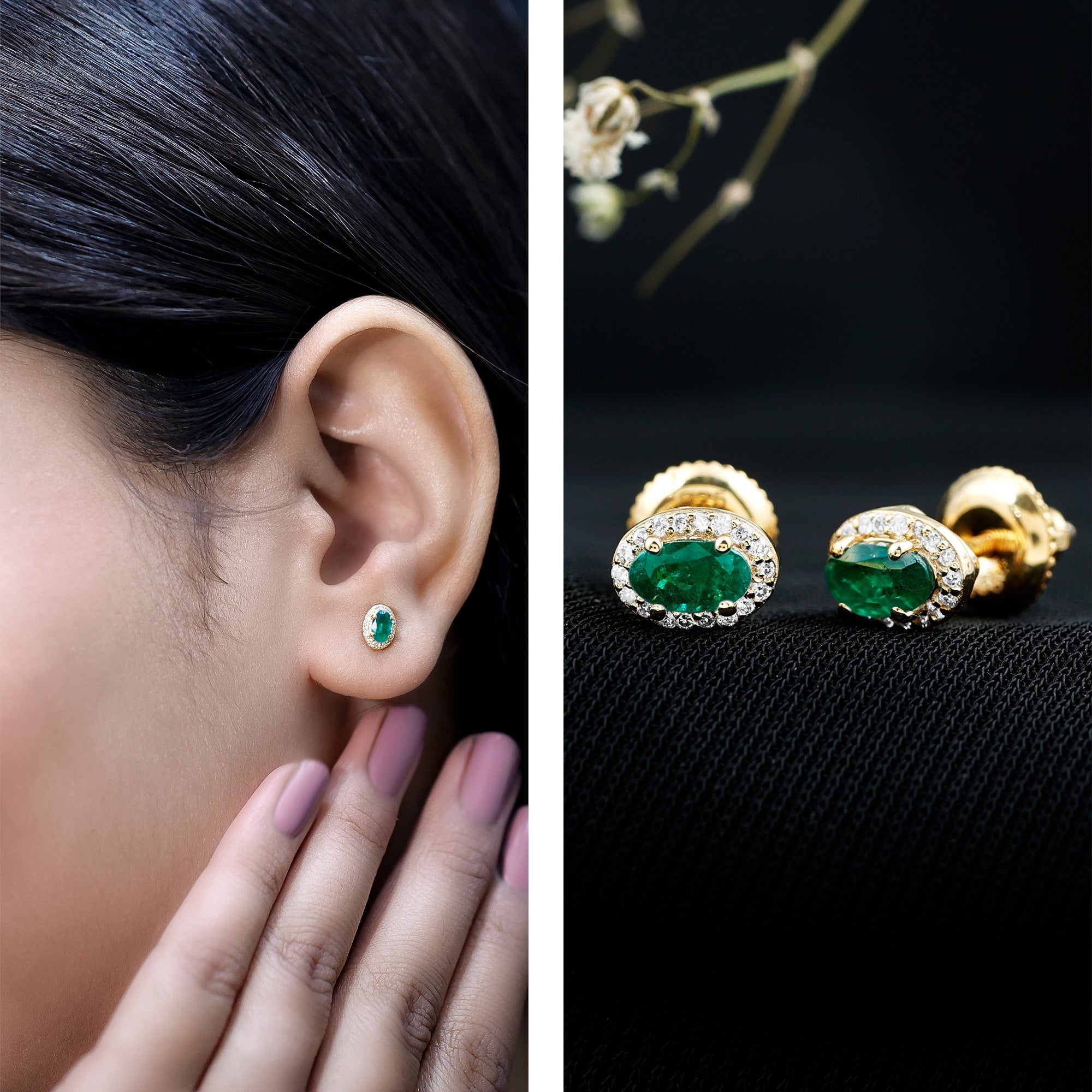 Genuine Emerald Stud Earrings with Diamond Halo AAA 14K Yellow Gold Plated Silver - Rosec Jewels