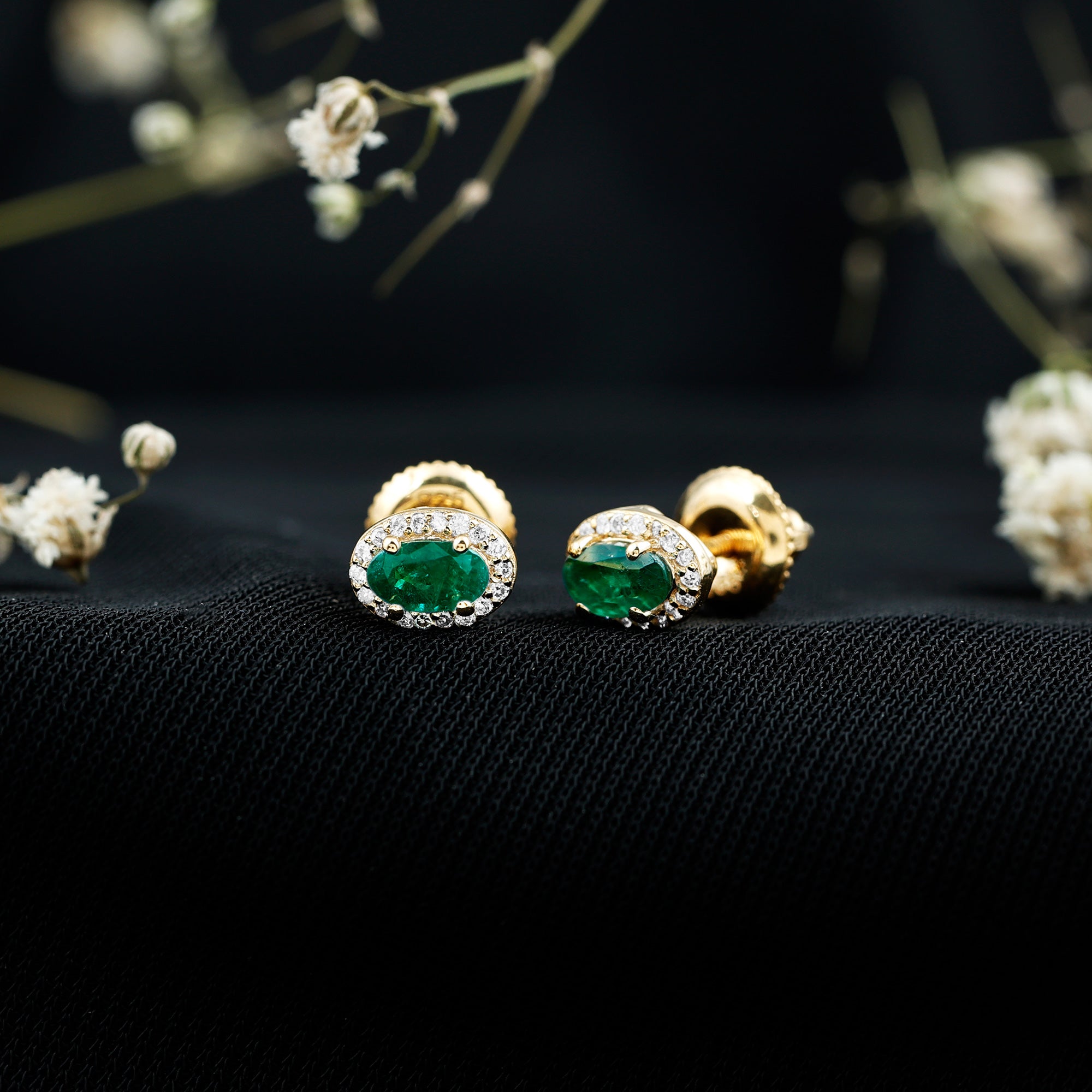 Genuine Emerald Stud Earrings with Diamond Halo AAA 14K Yellow Gold Plated Silver - Rosec Jewels