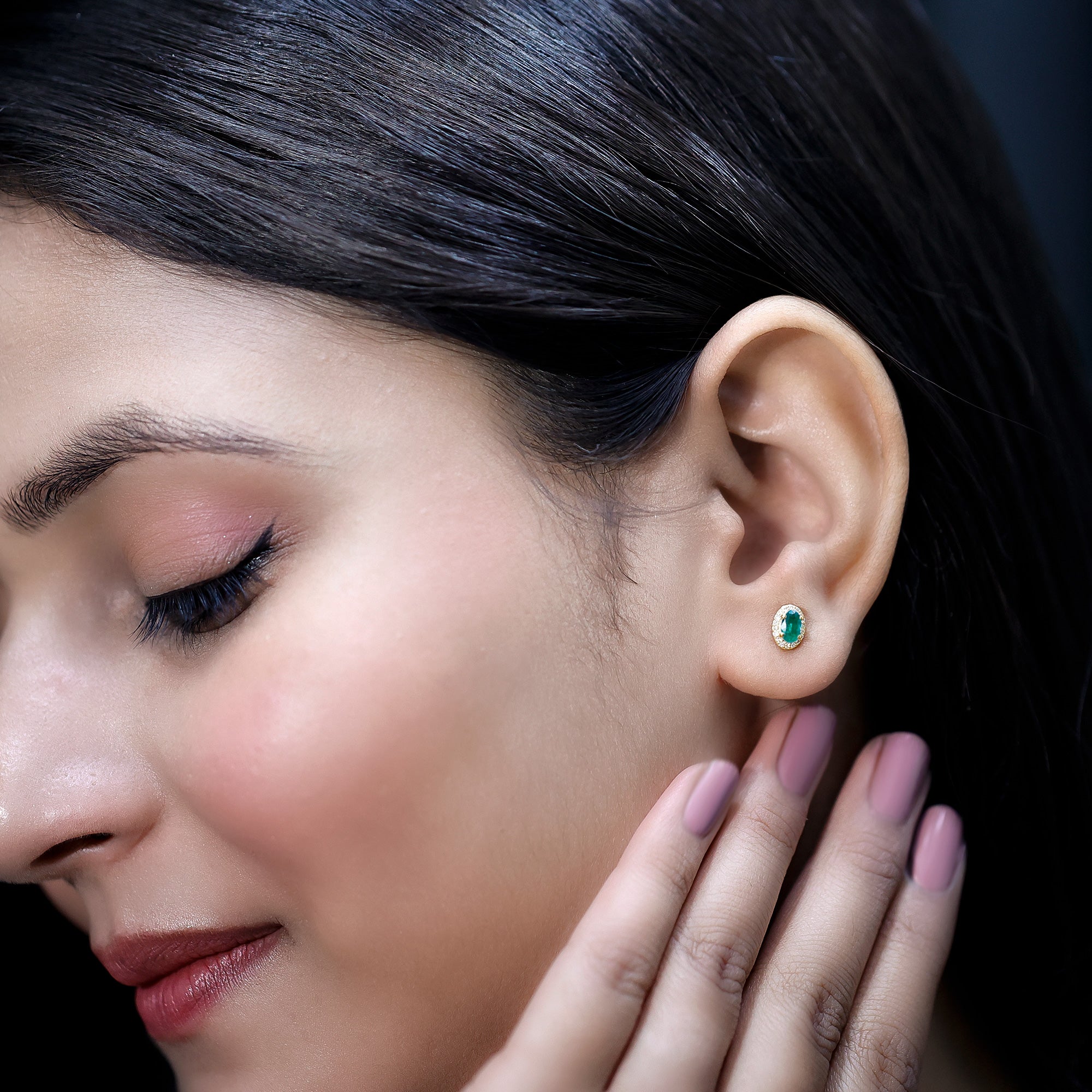 Genuine Emerald Stud Earrings with Diamond Halo AAA 14K Yellow Gold Plated Silver - Rosec Jewels