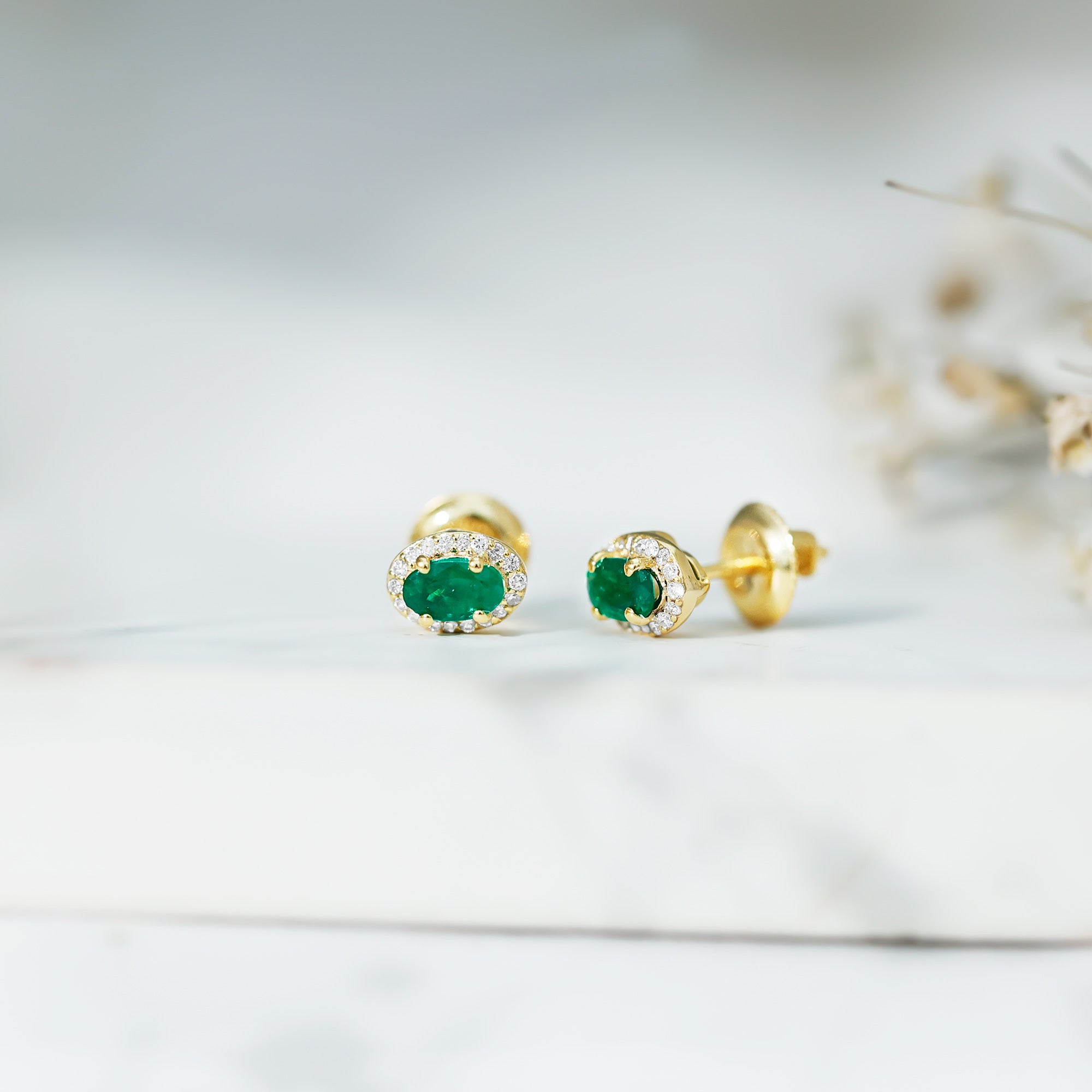 Genuine Emerald Stud Earrings with Diamond Halo AAA 14K Yellow Gold Plated Silver - Rosec Jewels