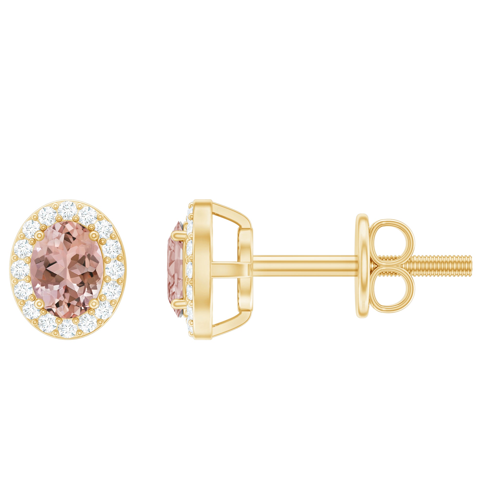 Peach Morganite and Diamond Halo Stud Earrings AAA 14K Yellow Gold Plated Silver - Rosec Jewels