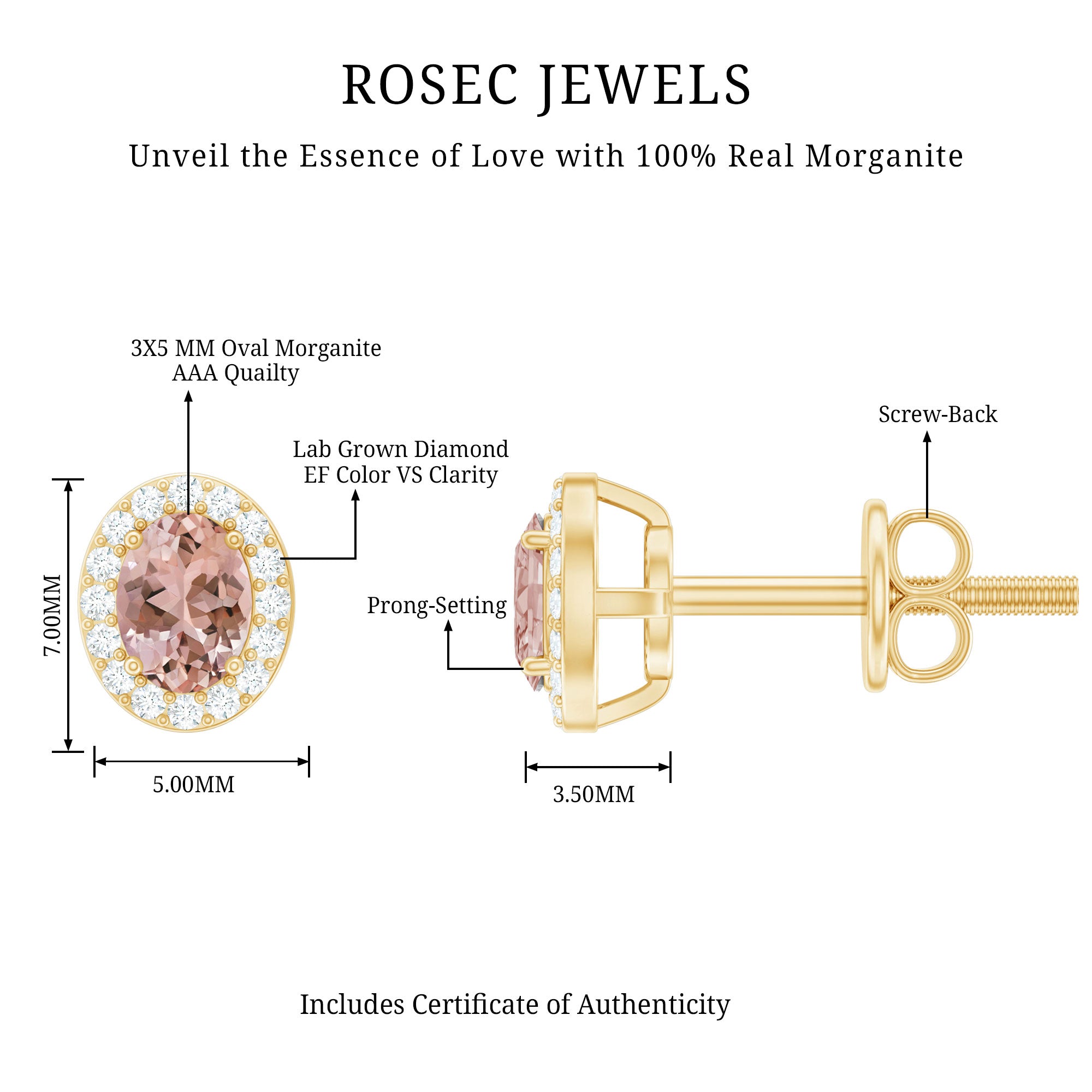 Peach Morganite and Diamond Halo Stud Earrings AAA 14K Yellow Gold Plated Silver - Rosec Jewels