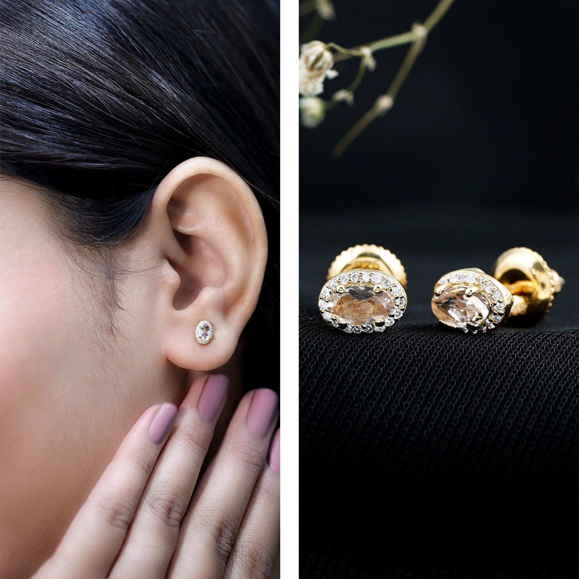 Peach Morganite and Diamond Halo Stud Earrings AAA 14K Yellow Gold Plated Silver - Rosec Jewels