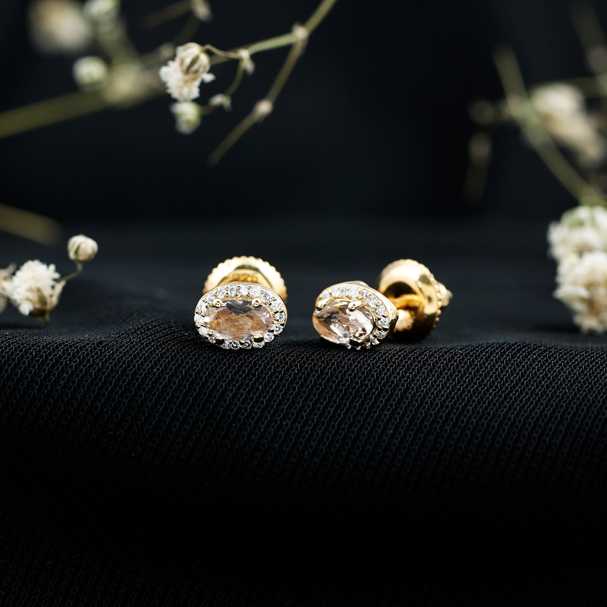 Peach Morganite and Diamond Halo Stud Earrings AAA 14K Yellow Gold Plated Silver - Rosec Jewels