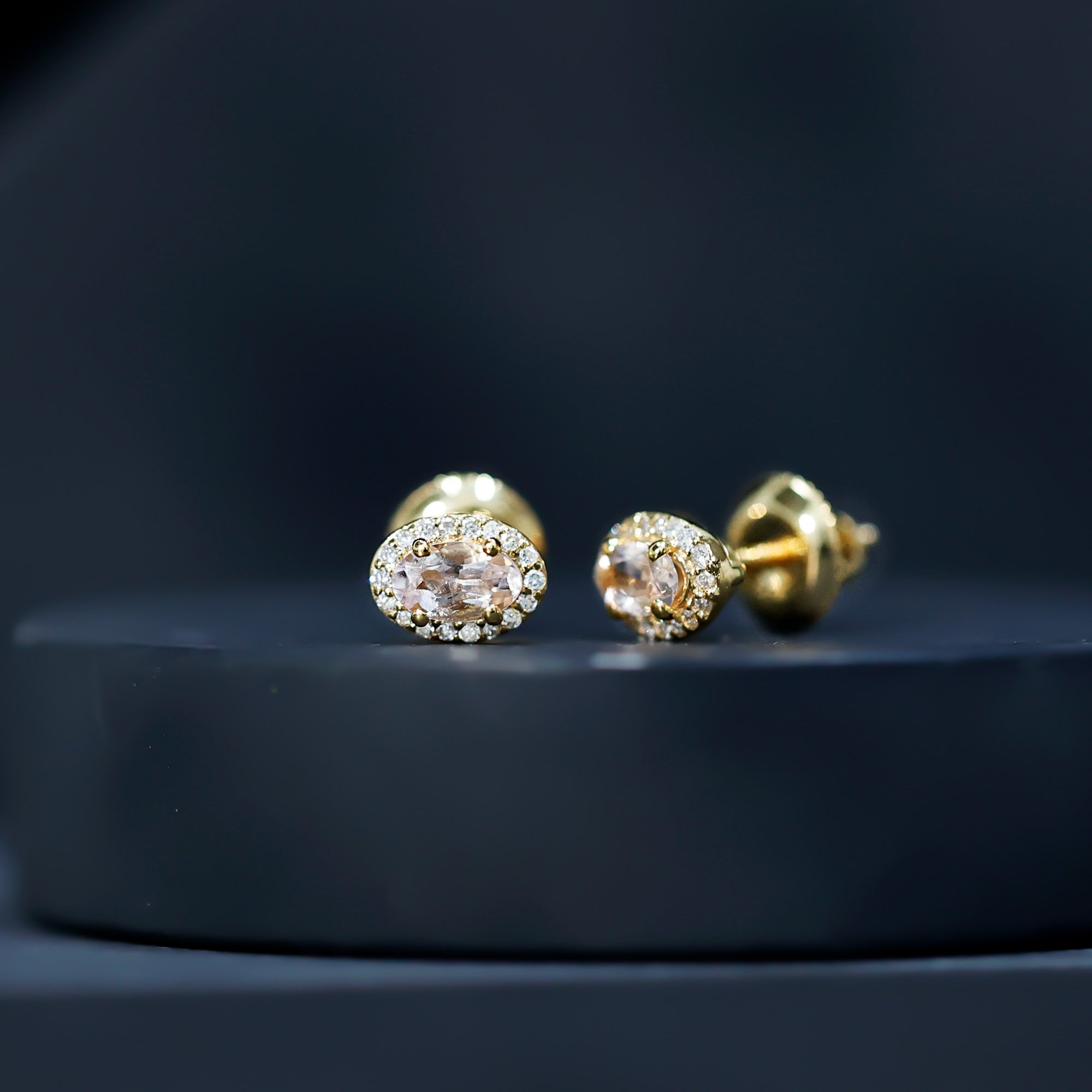 Peach Morganite and Diamond Halo Stud Earrings AAA 14K Yellow Gold Plated Silver - Rosec Jewels