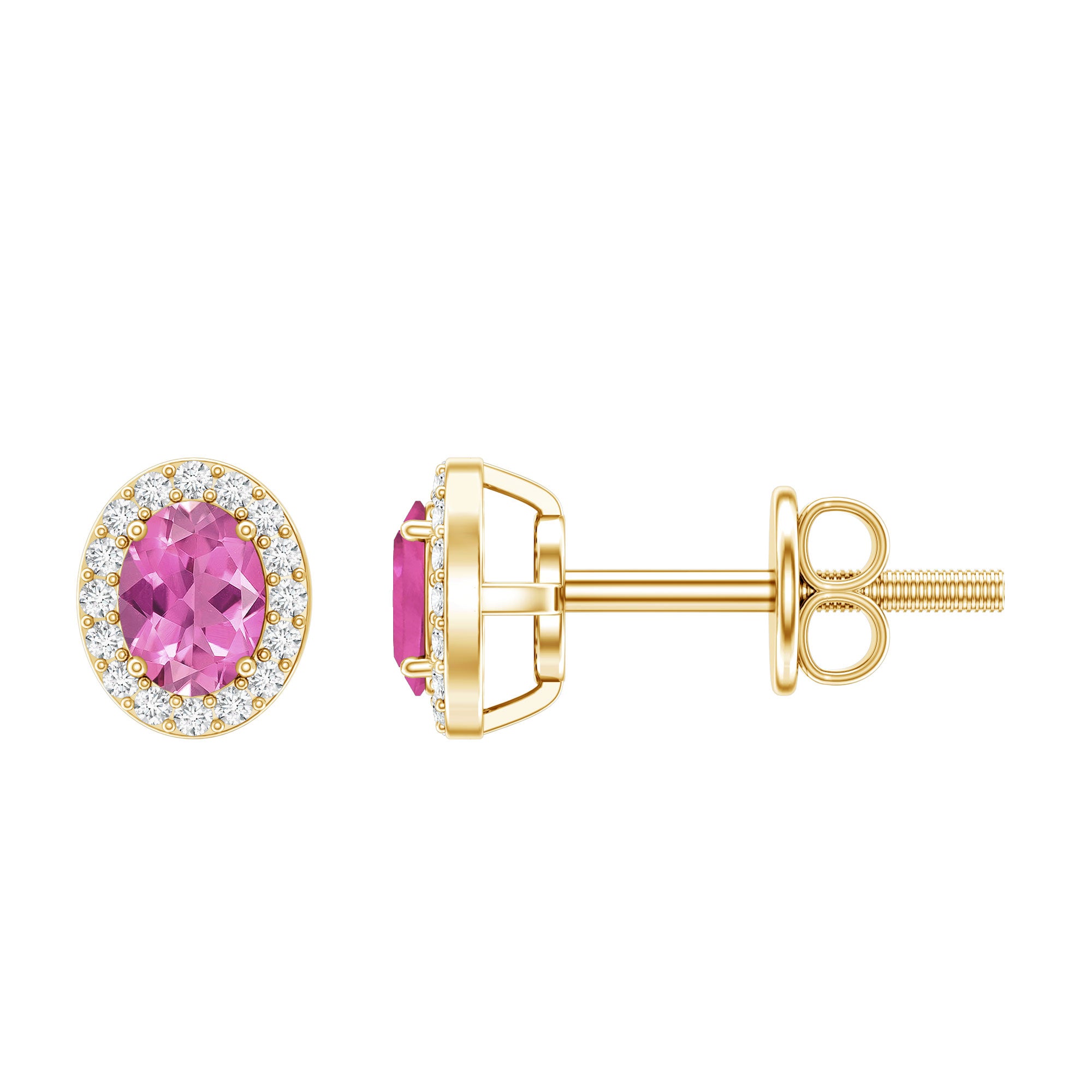 Genuine Oval Shaped Pink Tourmaline and Diamond Halo Stud Earrings AAA 14K Yellow Gold Plated Silver - Rosec Jewels