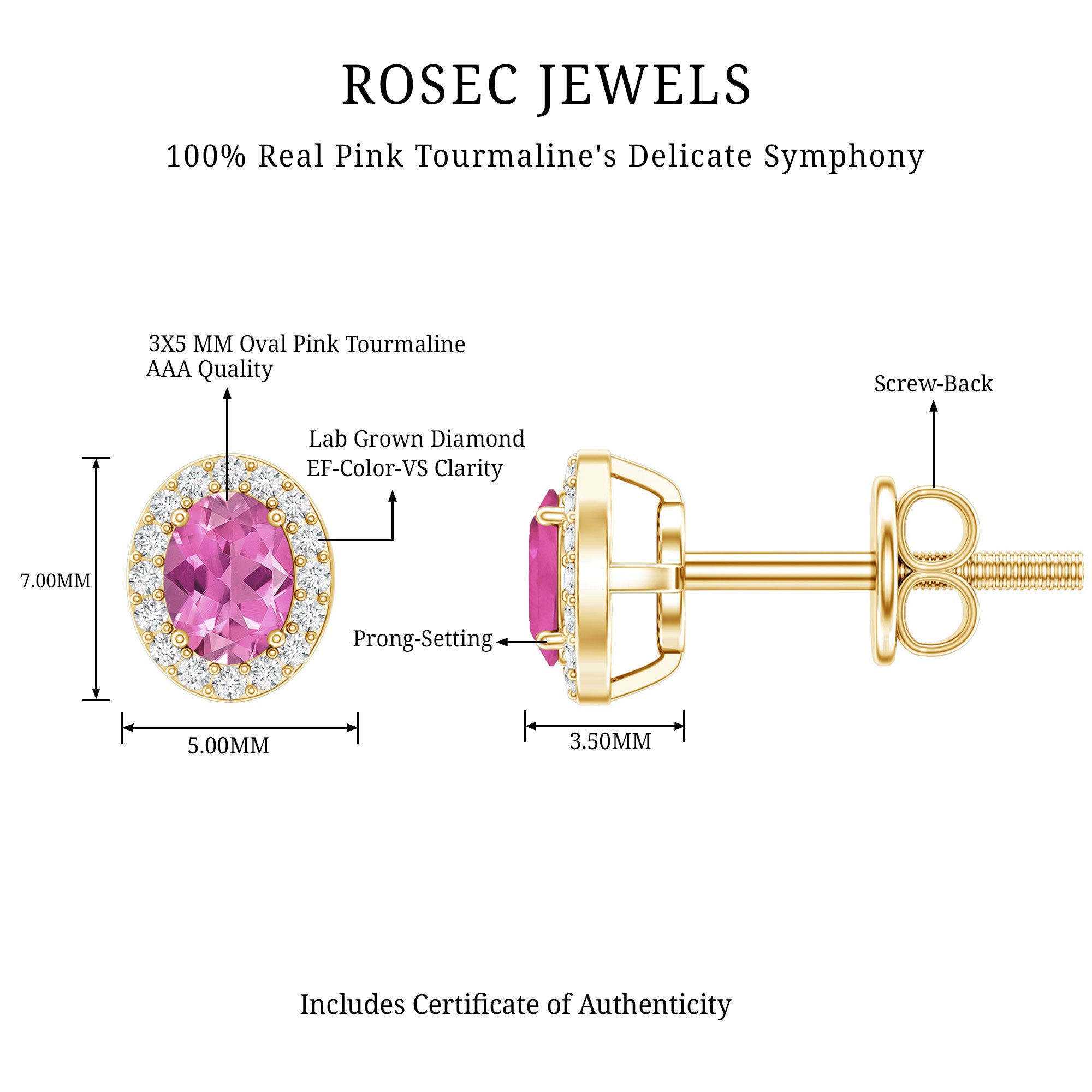 Genuine Oval Shaped Pink Tourmaline and Diamond Halo Stud Earrings AAA 14K Yellow Gold Plated Silver - Rosec Jewels