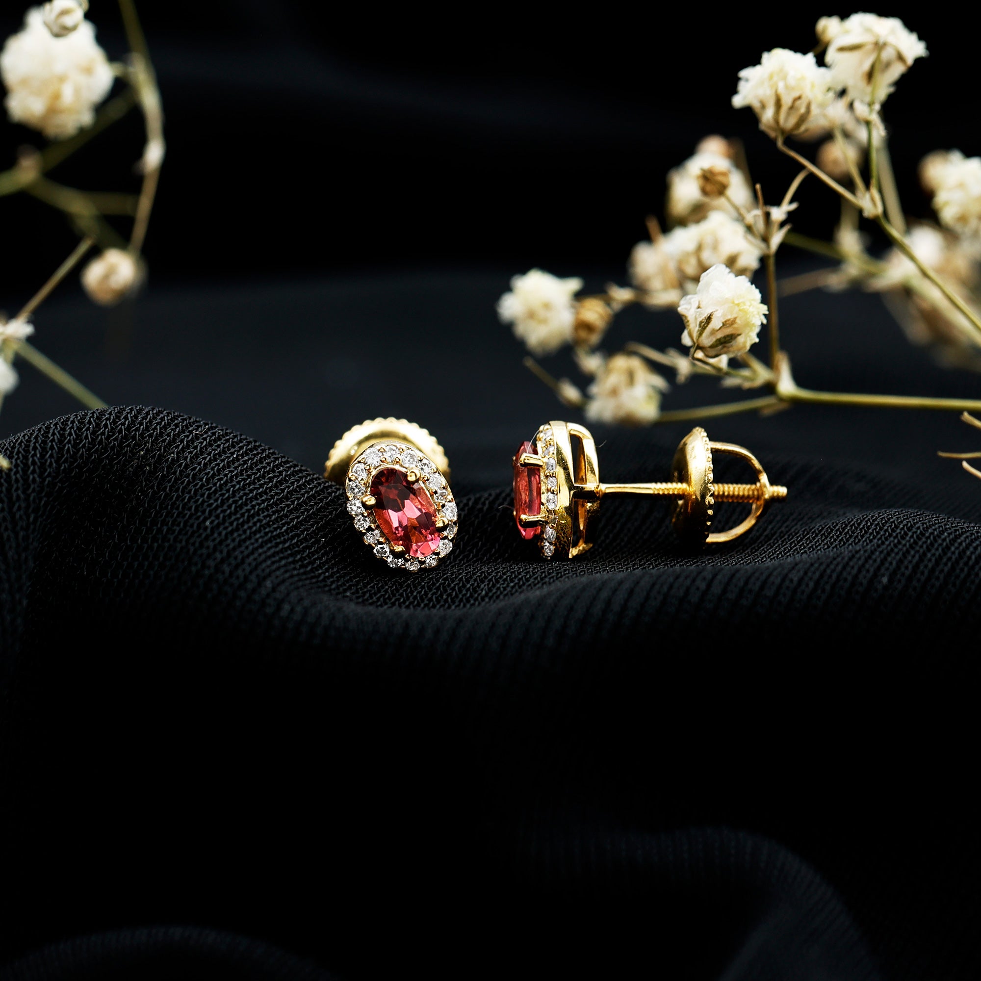 Genuine Oval Shaped Pink Tourmaline and Diamond Halo Stud Earrings AAA 14K Yellow Gold Plated Silver - Rosec Jewels