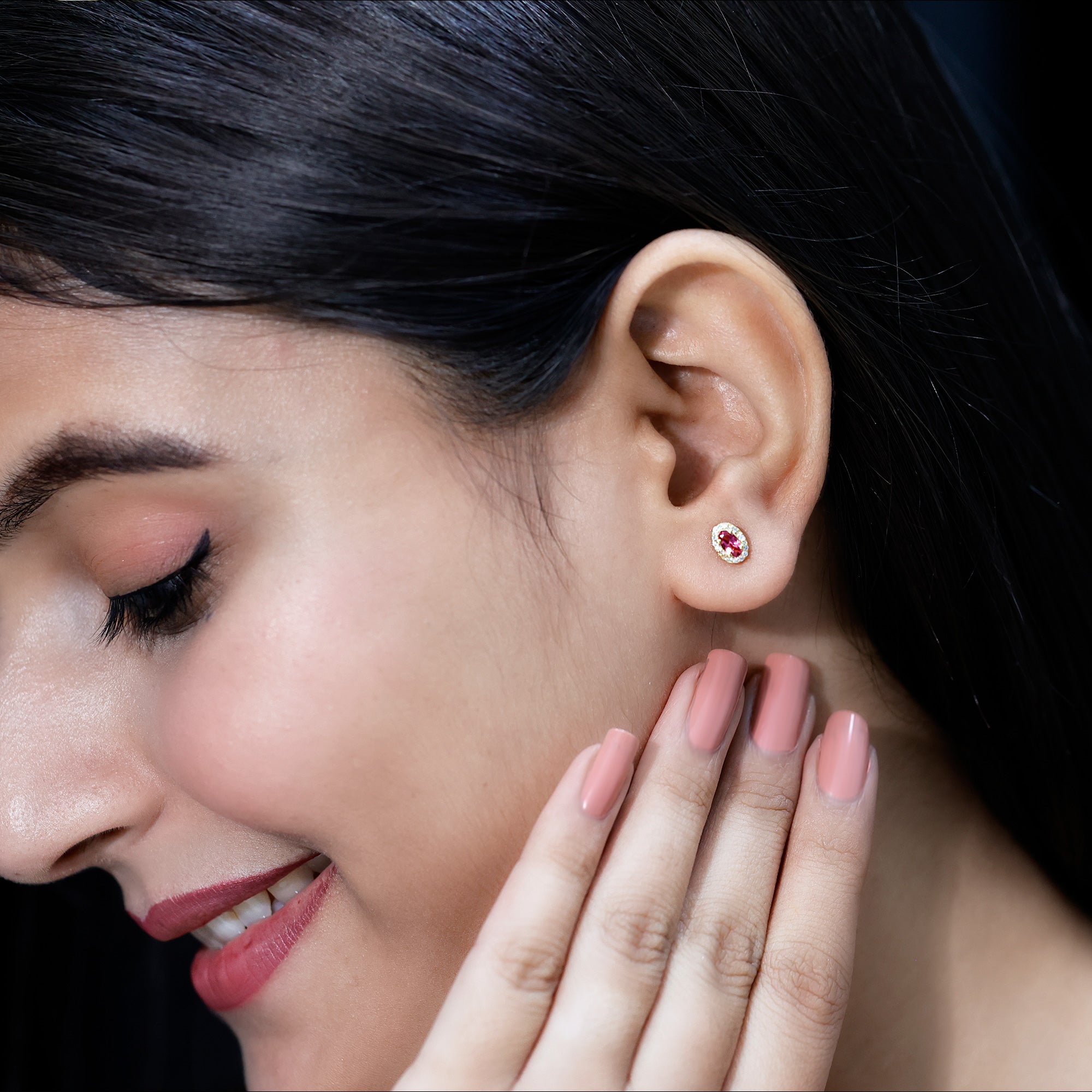 Genuine Oval Shaped Pink Tourmaline and Diamond Halo Stud Earrings AAA 14K Yellow Gold Plated Silver - Rosec Jewels