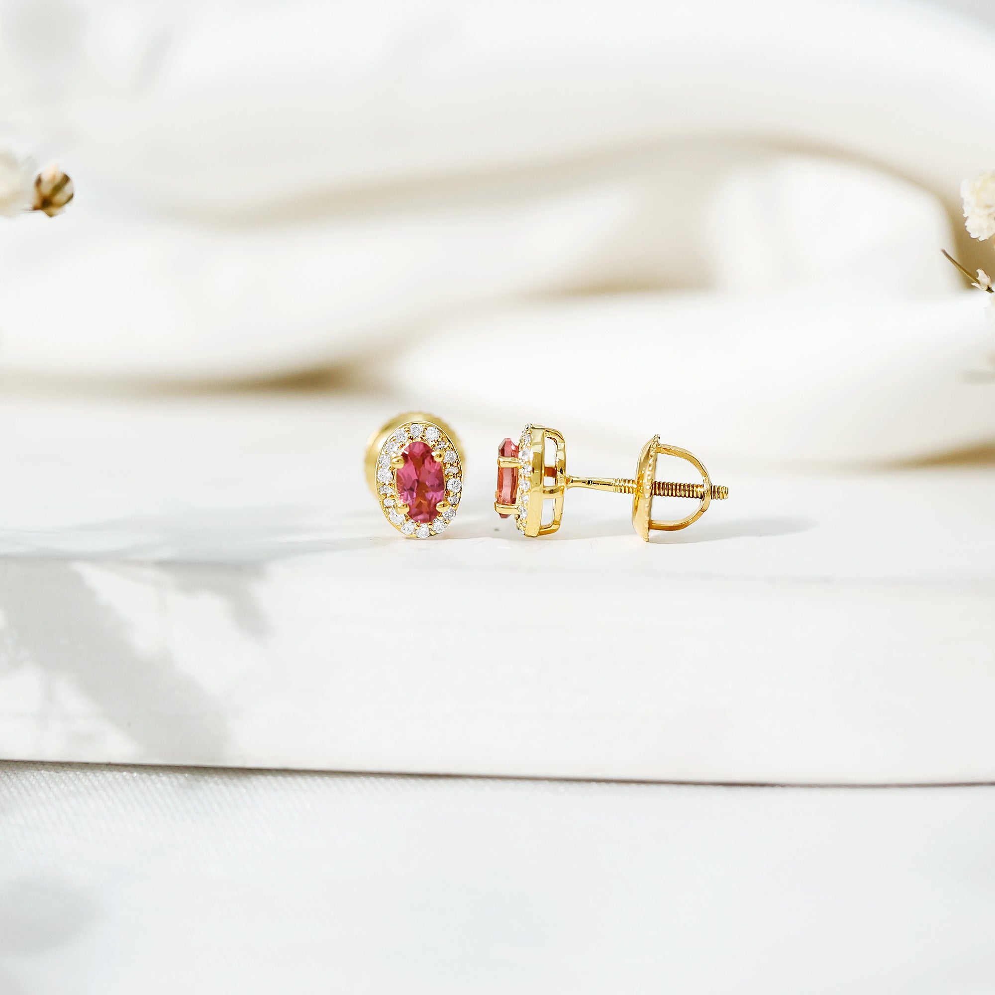 Genuine Oval Shaped Pink Tourmaline and Diamond Halo Stud Earrings AAA 14K Yellow Gold Plated Silver - Rosec Jewels
