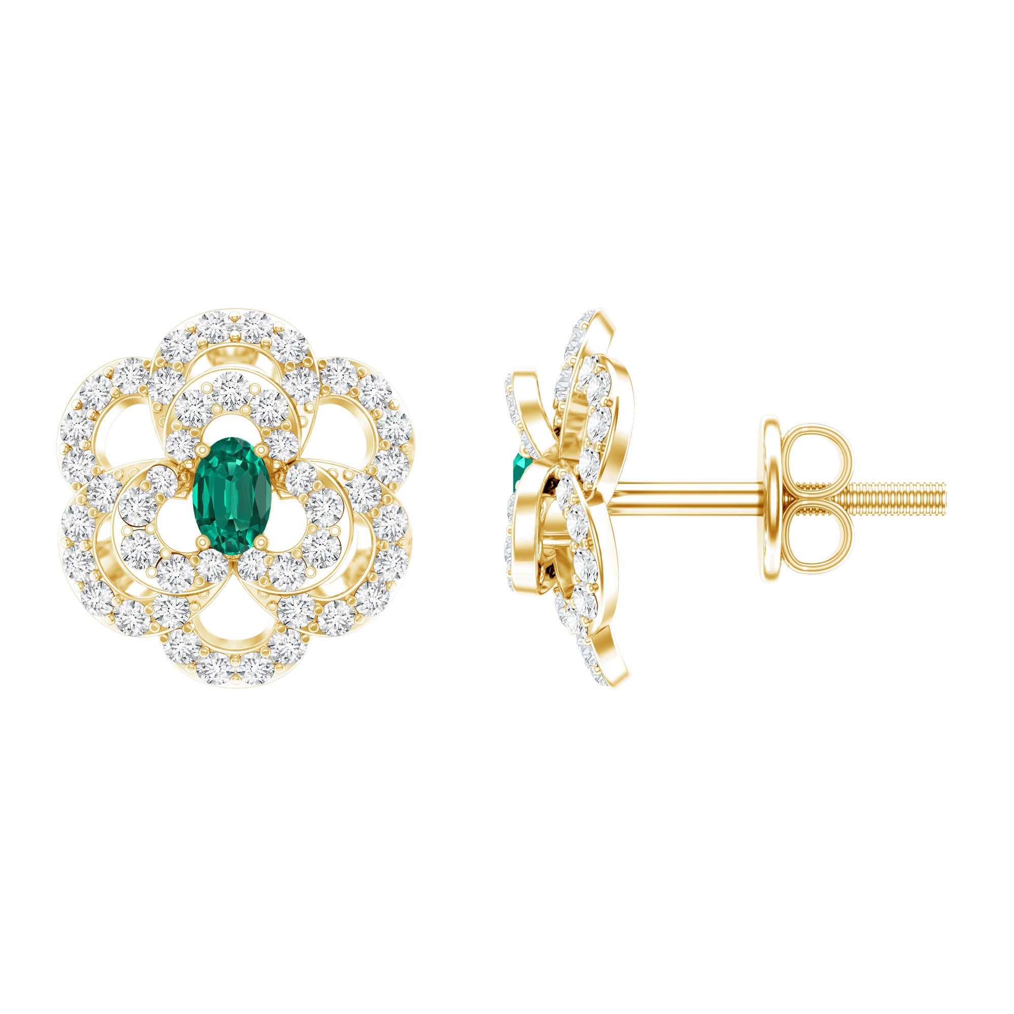 Yellow Gold Plated Silver Lab Grown Emerald Diamond Flower Stud Earrings for Women AAAA 14K Yellow Gold Plated Silver - Rosec Jewels