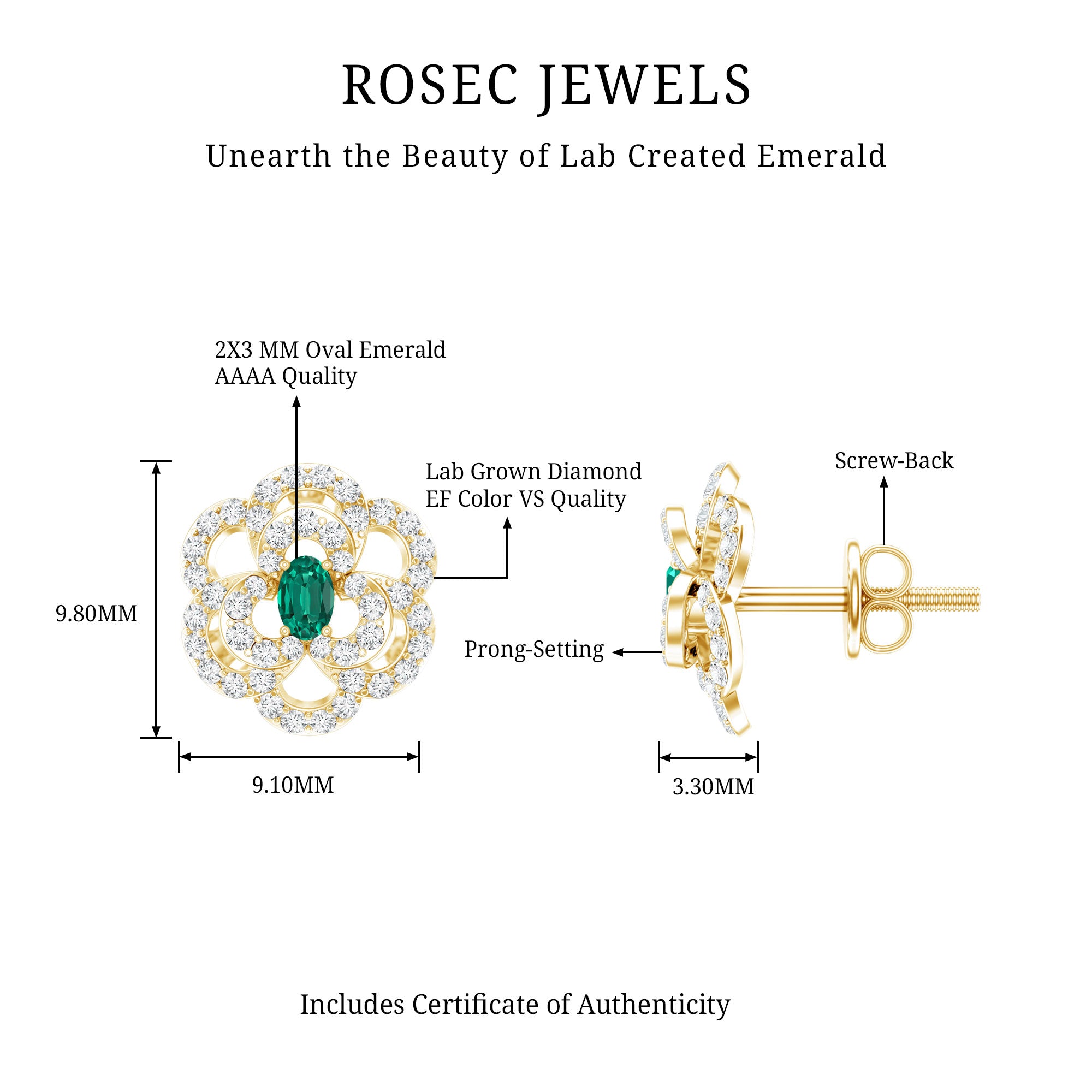 Yellow Gold Plated Silver Lab Grown Emerald Diamond Flower Stud Earrings for Women AAAA 14K Yellow Gold Plated Silver - Rosec Jewels