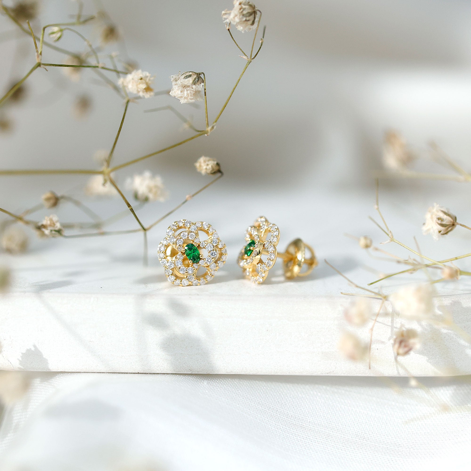 Yellow Gold Plated Silver Lab Grown Emerald Diamond Flower Stud Earrings for Women AAAA 14K Yellow Gold Plated Silver - Rosec Jewels