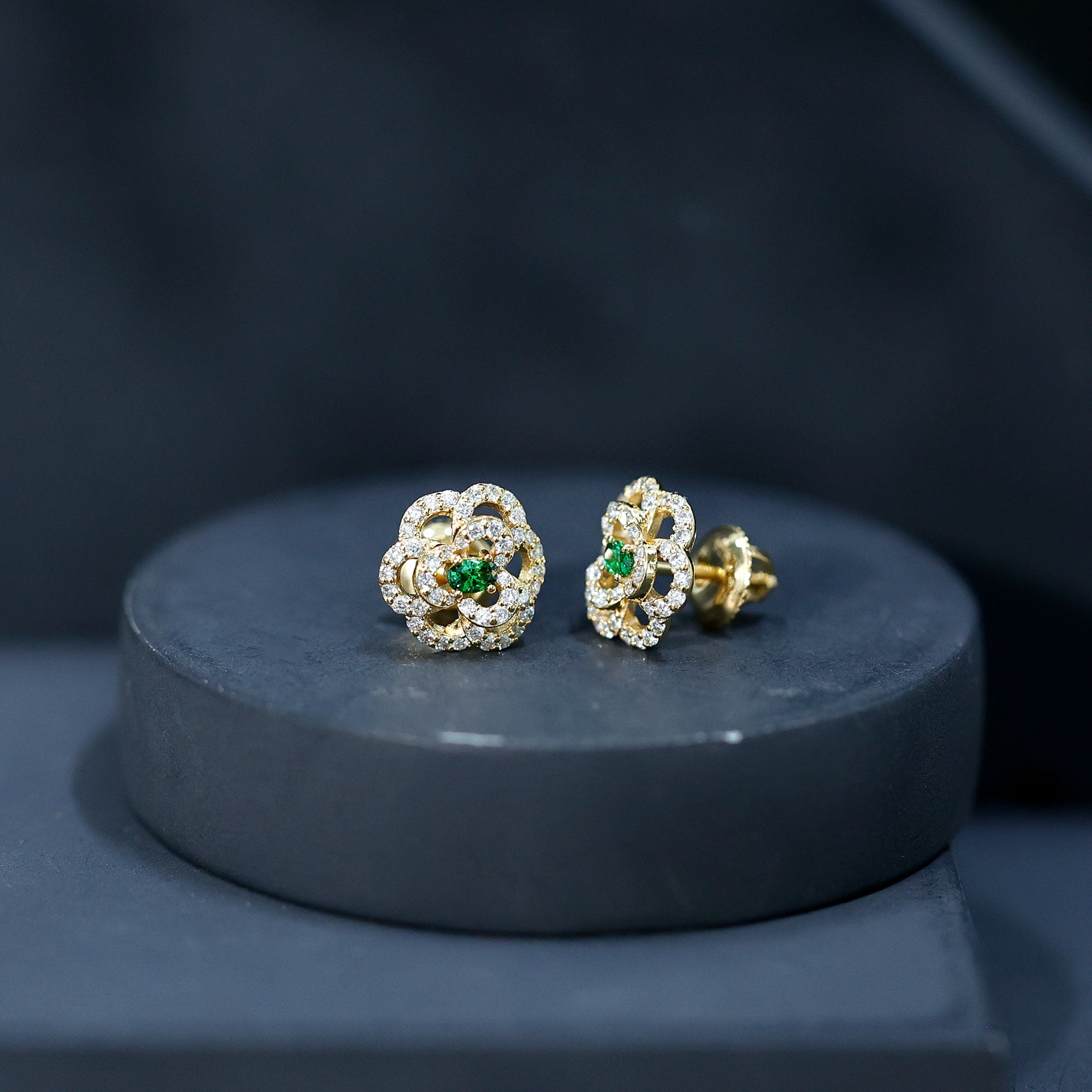Yellow Gold Plated Silver Lab Grown Emerald Diamond Flower Stud Earrings for Women AAAA 14K Yellow Gold Plated Silver - Rosec Jewels