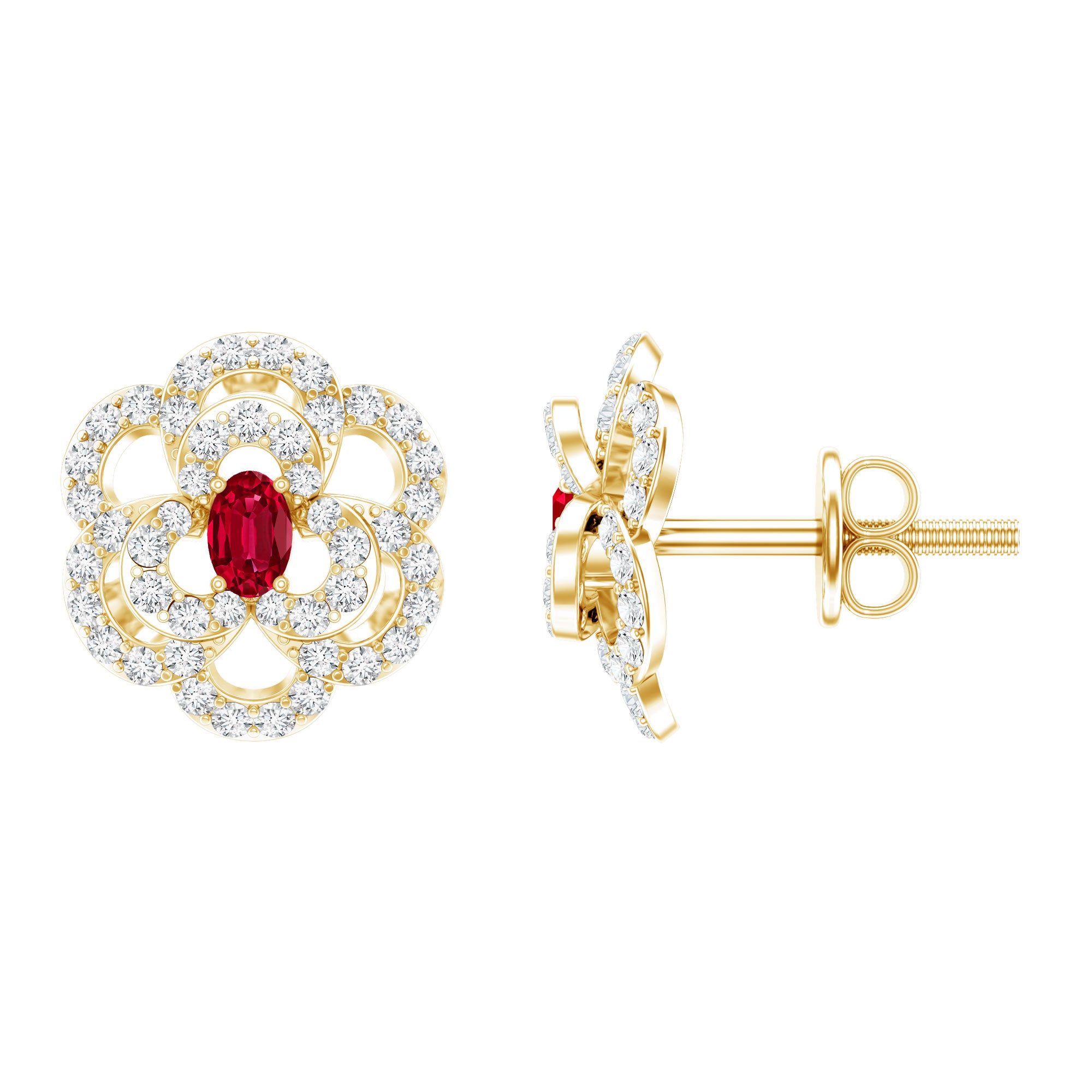 Certified Lab Grown Ruby Flower Stud Earrings with Diamond AAAA 14K Yellow Gold Plated Silver - Rosec Jewels